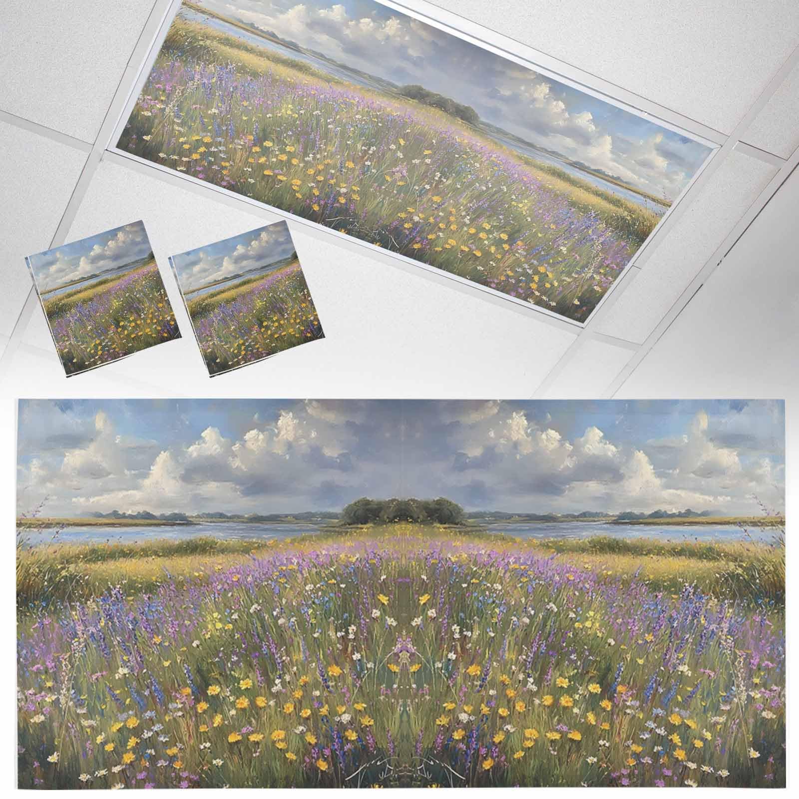 Wowouhiya 2 Pack Fluorescent Light Cover for Ceiling Lights, Spring Floral Magnetic Classroom Light Filters 4x2 Feet, Pastoral Flowers Oil Painting Decorative Ceiling Shade Panel for Office
