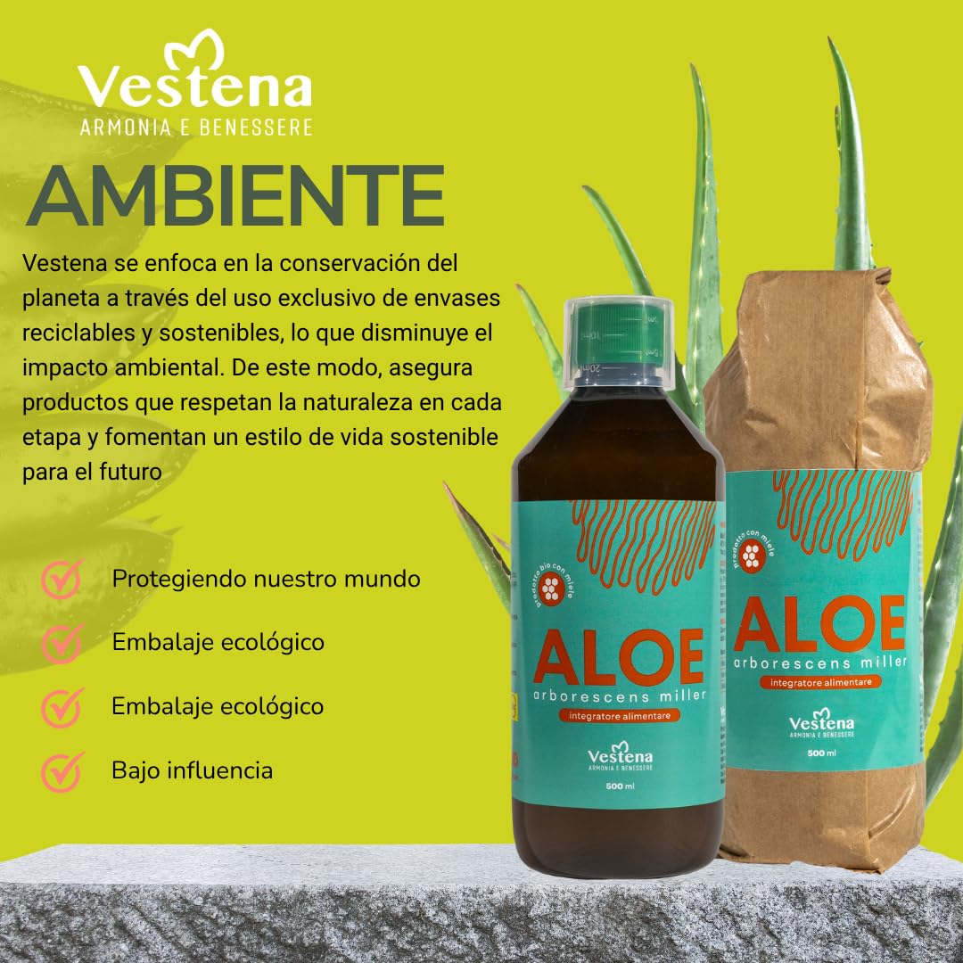 Vestena - Aloe Arborescens 100% Puro y Natural con Miel, Receta del Padre Zago. Jugo Detox Natural para Hígado e Intestino, Drenaje Potente - 500 ml - Made in Italy
