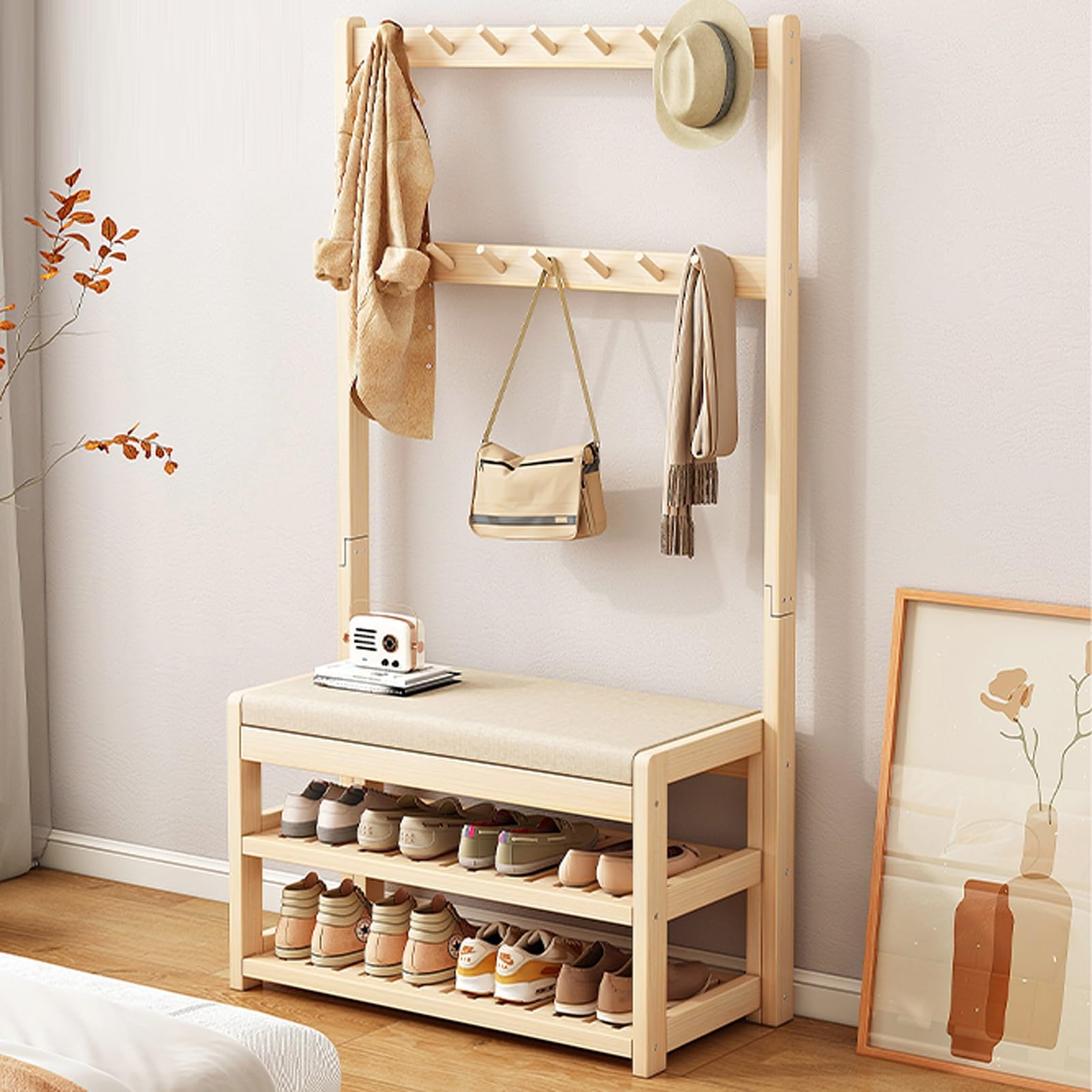 GDMDPTE Solid Wood Coat Rack and Shoe Storage Bench with Shelves - Freestanding Entryway nizer for Hallway Bedroom and Living Room (70cm)