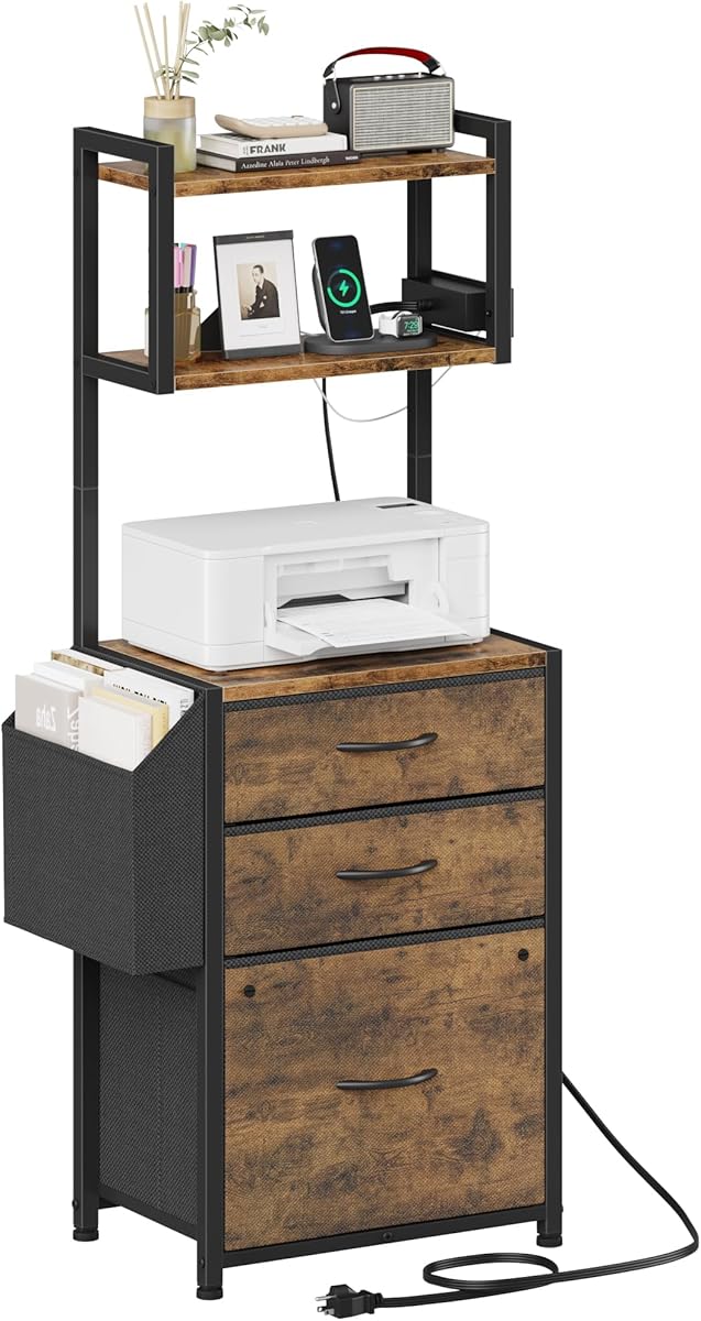 HIGDBFE Small 3 Drawer File Cabinet with Charging Station, 45''H, 3-Tier Filing Cabinet for Home Office, 11''*16'' for Small Printer, Fabric Drawer Fits Letter/A4, Tall Printer Stand, Rustic Brown : Office Products