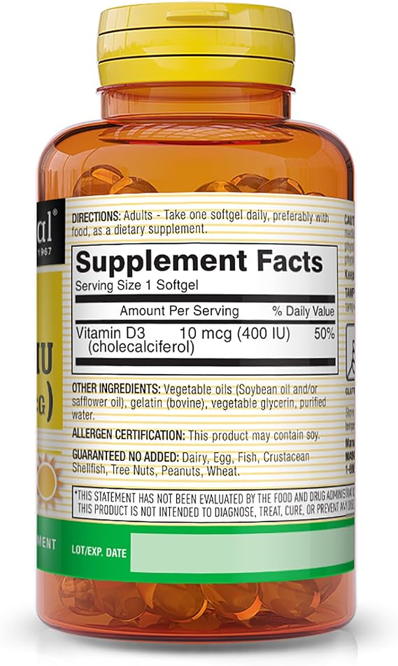 MASON NATURAL Vitamin D3 10 mcg (400 IU) - Supports Overall Health, Strengthens Bones and Muscles, 100 Softgels