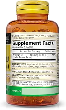 MASON NATURAL Vitamin D3 10 mcg (400 IU) - Supports Overall Health, Strengthens Bones and Muscles, 100 Softgels