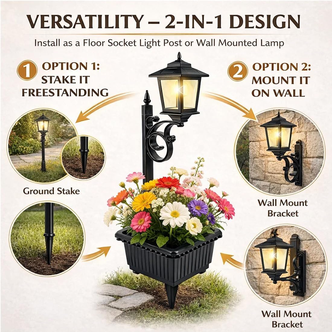 Solar Lamp Post with Planter, Waterproof 2-in-1 Outdoor Solar Lamp Post Light with Planter, Outdoor Solar Lights with Crackle Glass, Matte Black Outdoor Floor for Lawn, Patio, Porch Decor (1 PC)
