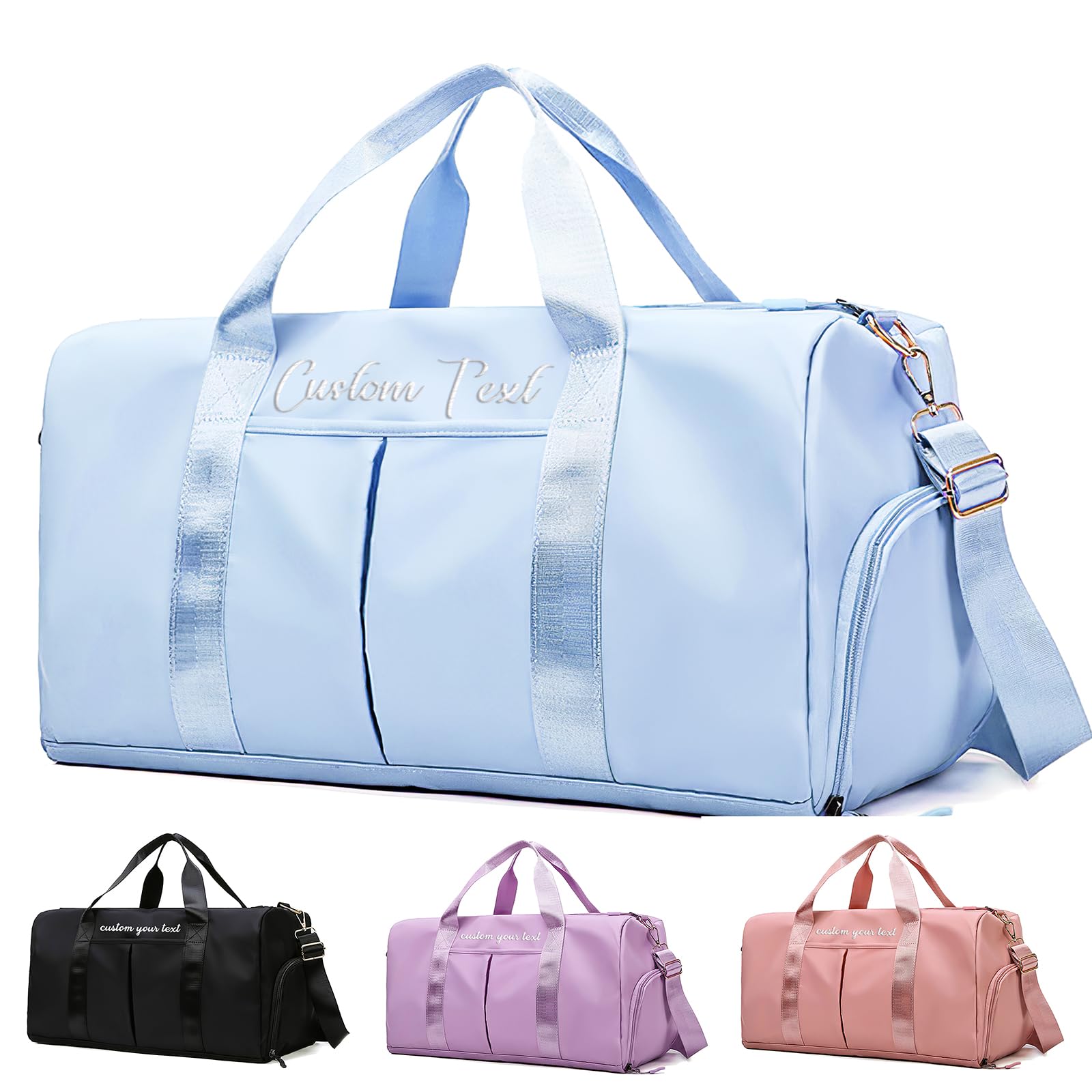 Personalised Sports Duffels Bag with Embroidered Text Custom Travel Gym Bag with Wat Dry Pockets for Men Women Blue