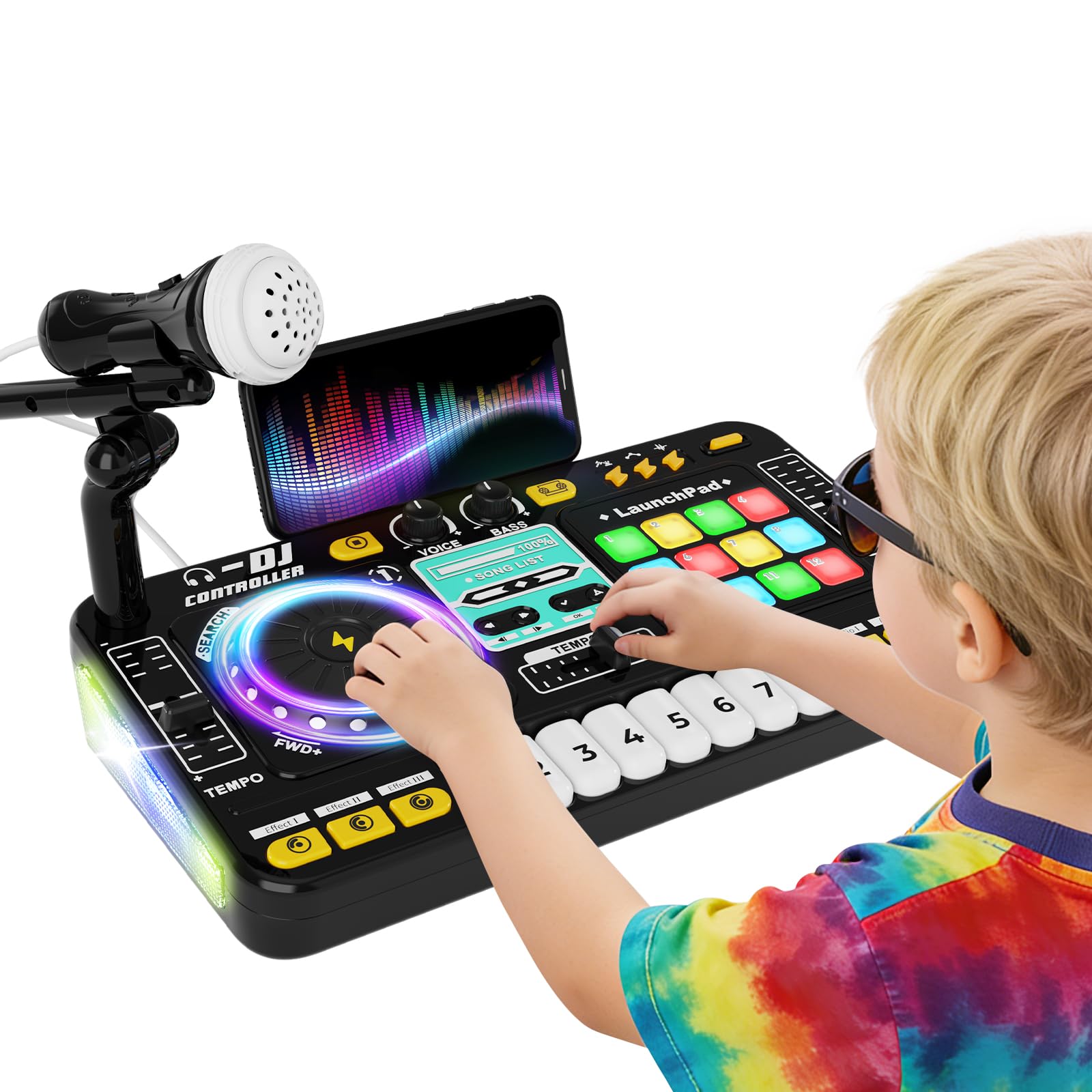 Console DJ per bambini, controller DJ, mixer DJ con funzione di registrazione, 100+ effetti sonori, giradischi DJ realistico e drum pads, regalo per bambini e bambine 3-11 anni, Nero