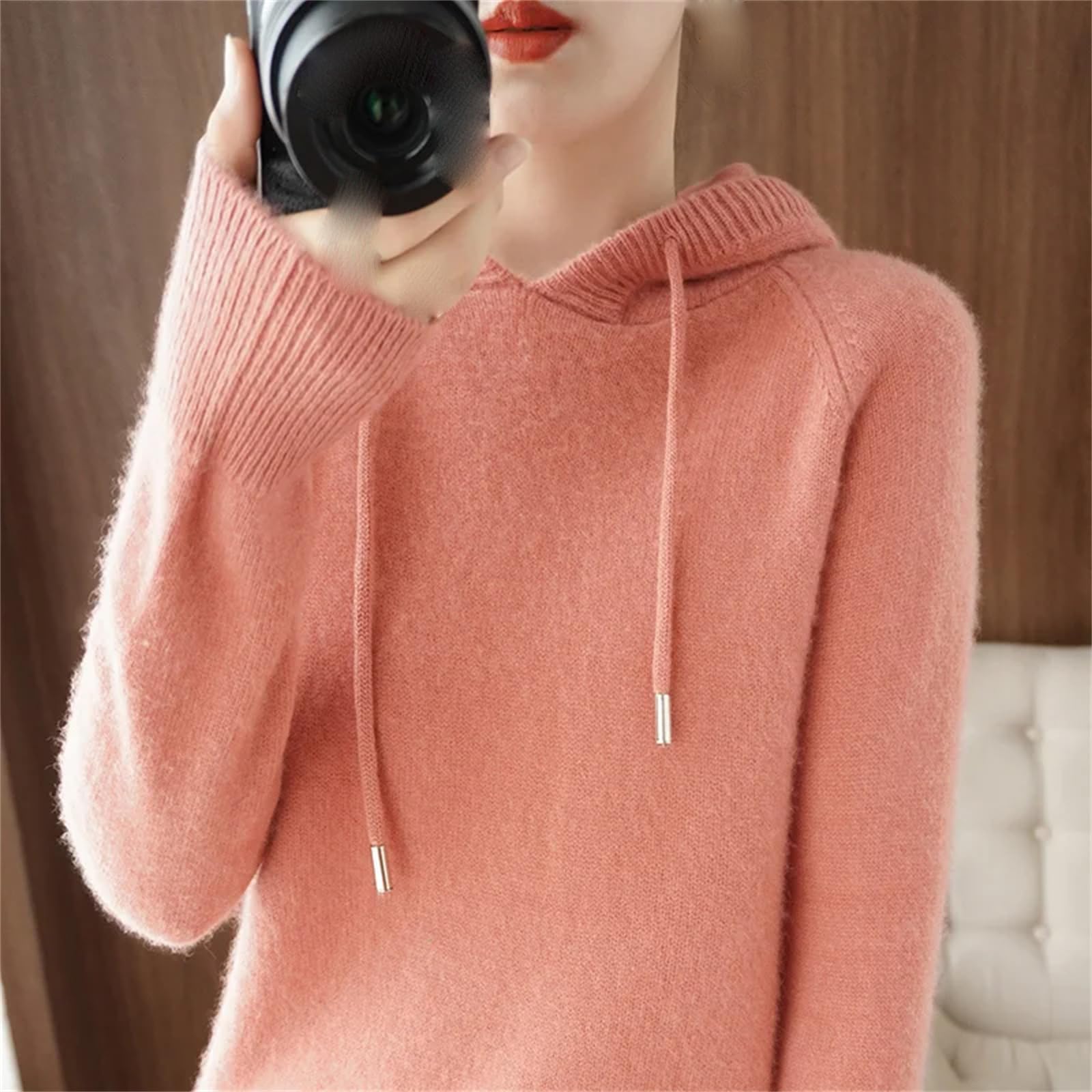 Yeuyyben Maglione invernale con cappuccio da donna maglione in cashmere con cappuccio caldo allentato maglione in cashmere con cappuccio da donna, Marrone Dorato Grigio, L