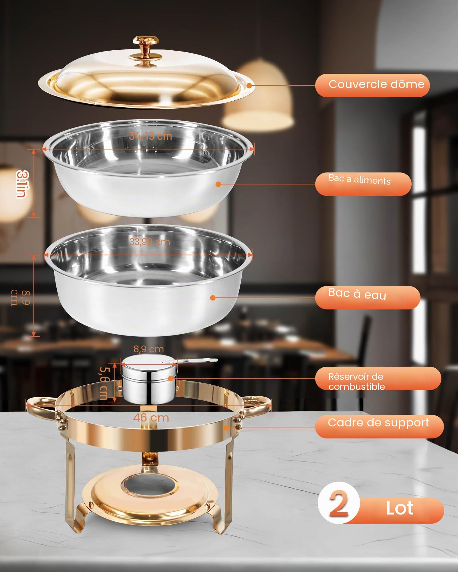 6L Chafing Dish Buffet,[Solide et Durable, Haute qualité],2 Récipients de Maintien au Chaud en Acier Inoxydable Ronds Or Rose [élégant Or Rose et Argent] Adaptés à Chaque fête