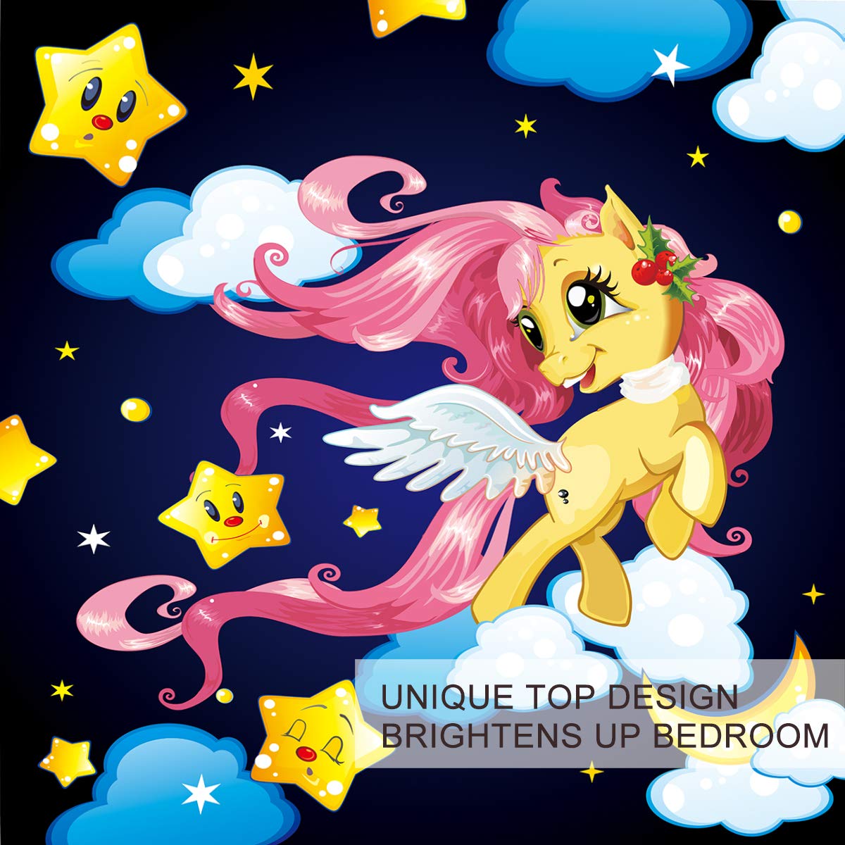 BlessLiving Yellow Unicorn Pink Hair Navy Blue Duvet Cover 3 Piece Kids Girls Bedding Quilt Cover and Sham Cartoon Unicorn Bedspreads (Twin)