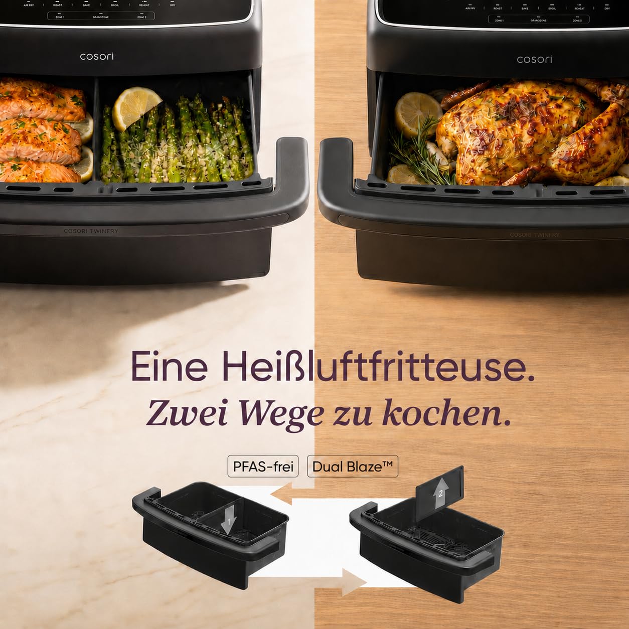 COSORI Airfryer, Heißluftfritteuse 2 Kammern Keramikbeschichtung, Dual Blaze Twinfry Compact mit 4 Heizrohren, 8,6L Flexiblen Kammern, Schwarz, TF801