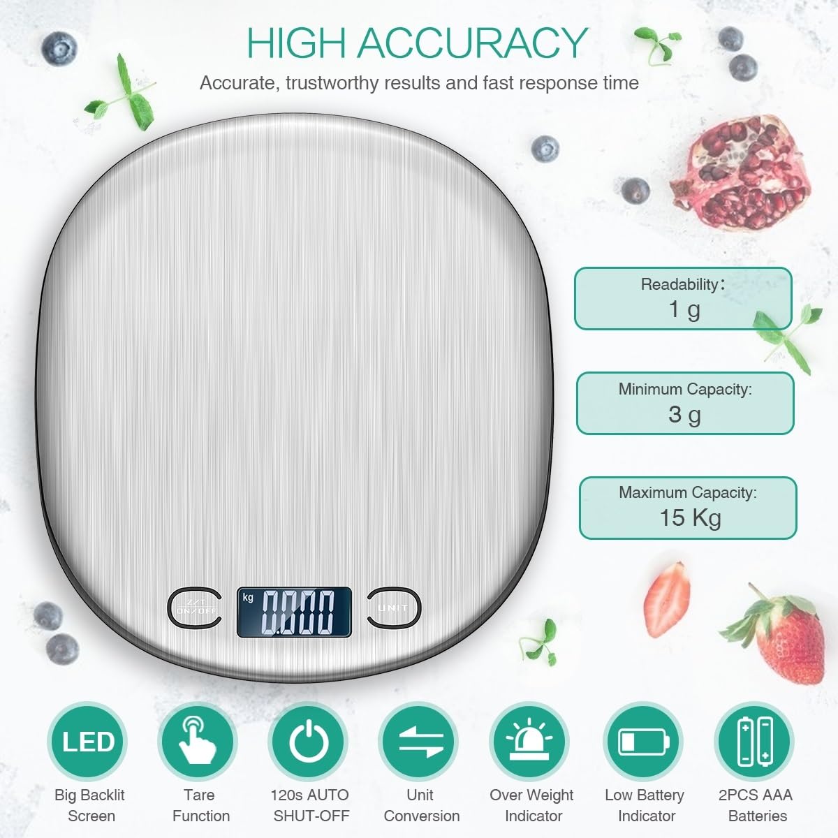 Básculas para pesar alimentos Báscula Digital for cocina de 15kg, báscula electrónica for alimentos for el hogar, for cocinar y hornear, herramienta medición acero inoxidable