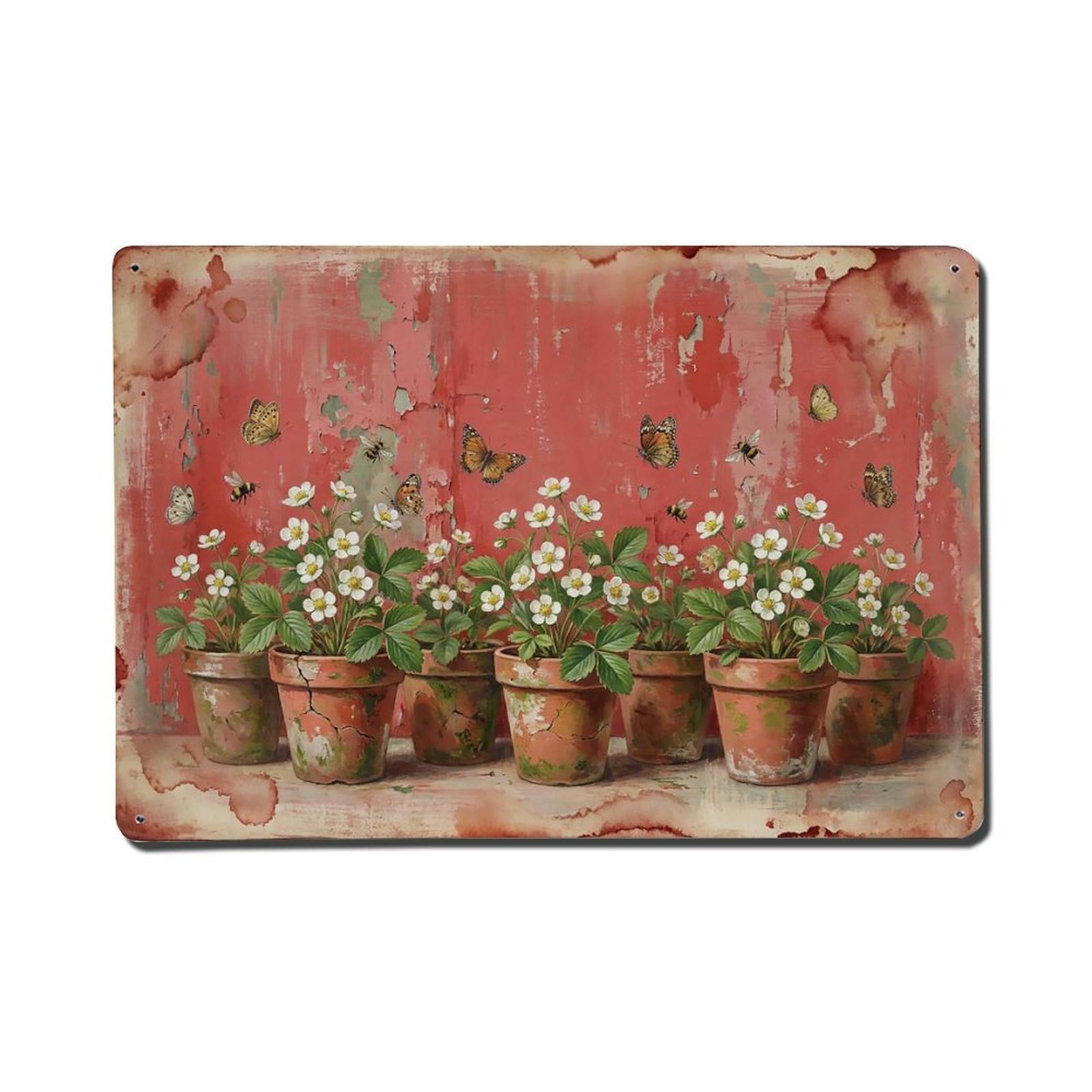 Vintage Rustic Flower Potted Plants Strawberry Metal Tin Sign