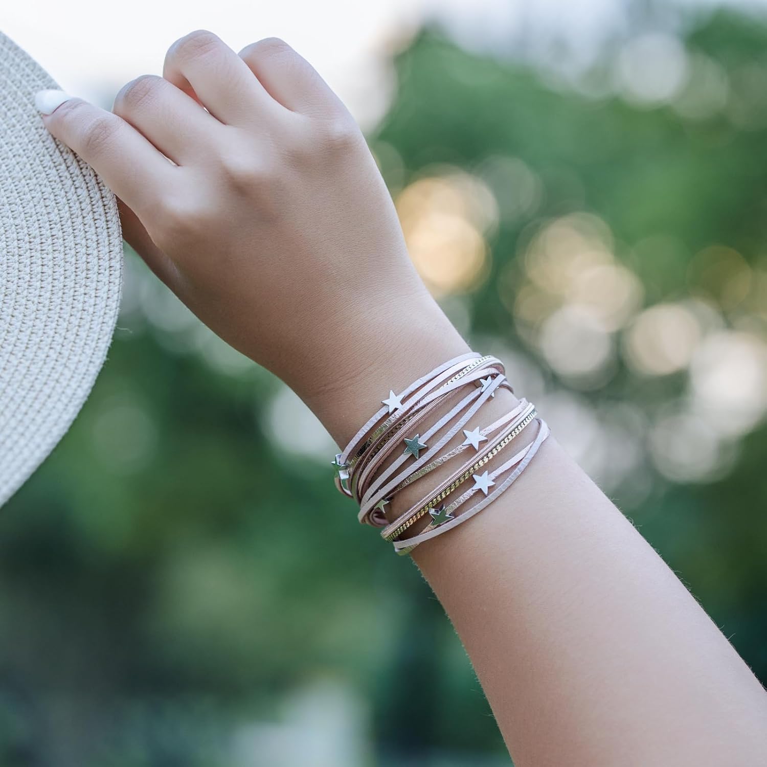 FANCY SHINY Leather Wrap Star Bracelet Boho Bangle Bracelets for Women Trendy Stackable Cute Star Charm Bracelet with Magnetic Clasp - Image 2