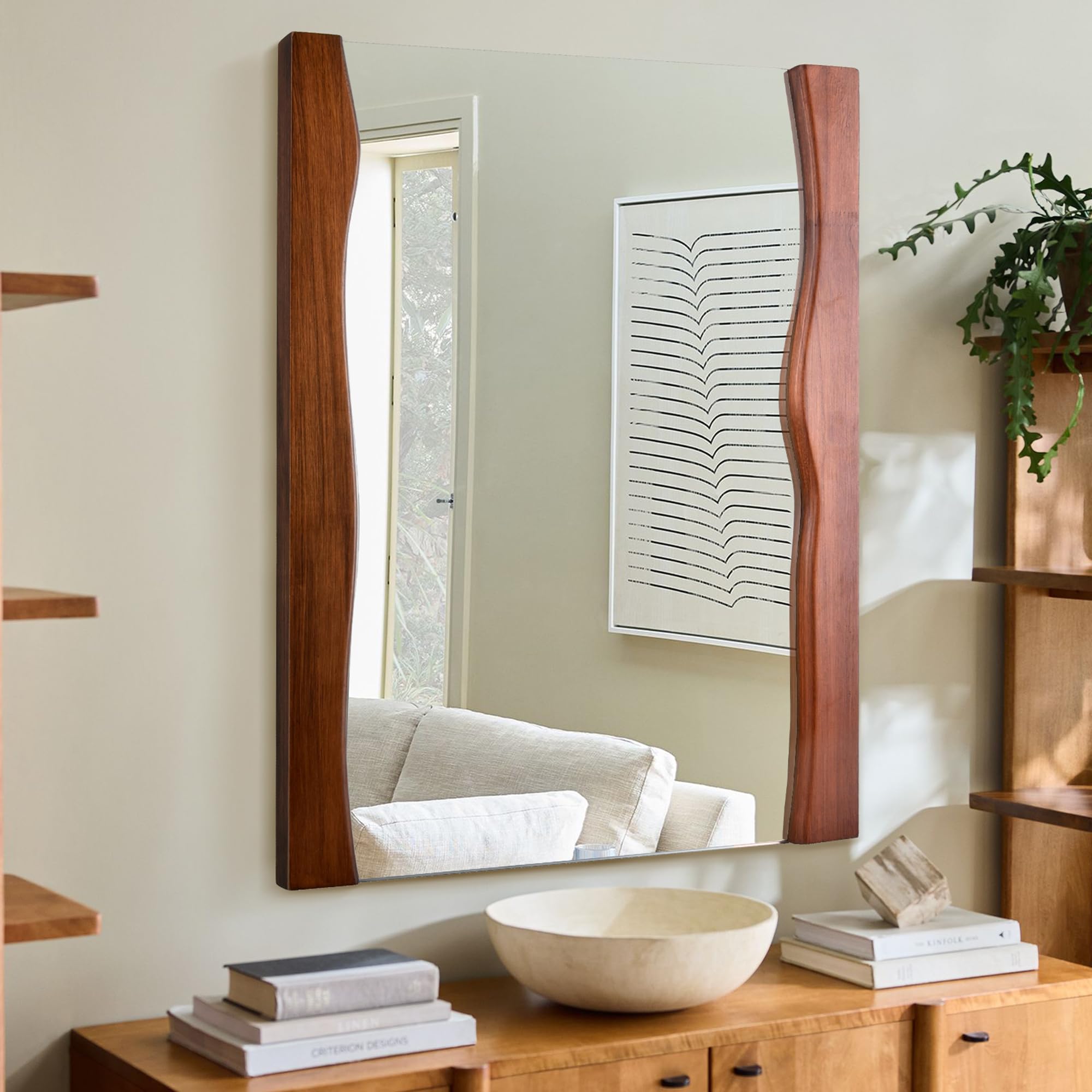 Specchio da parete asimmetrico, cornice in metallo, design moderno