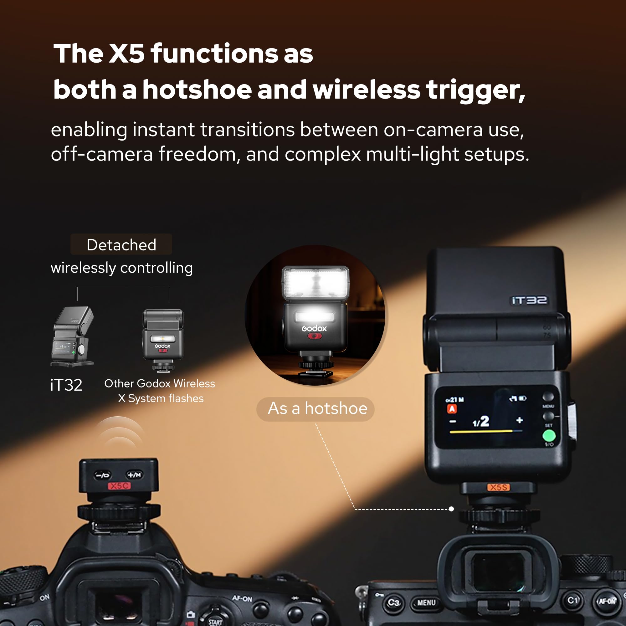GODOX IT32 TTL Flash per fotocamera con trigger wireless X5, compatibile con X3, X3Pro, XPro, XProII, X2T, ricevitore 2,4GHz, con riflettore e diffusore (per Sony)