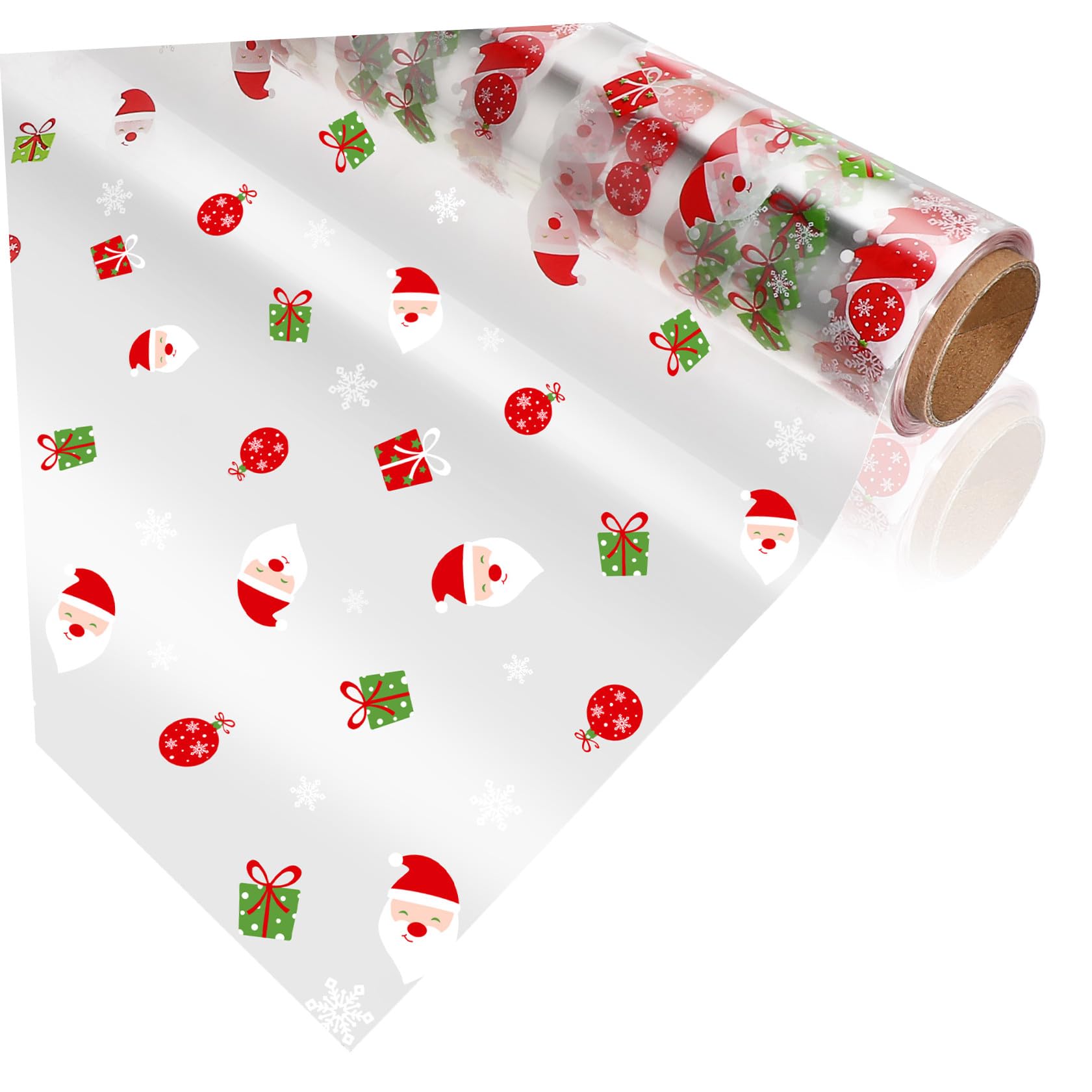 Christmas Cellophane Wrap Roll Santa Claus Pattern Wrappings 2. 5 Mil Thick Crystal Clear Cellophane Wrapping Paper for Baskets, Flowers, Treats, Food, Crafts (3000x40cm)
