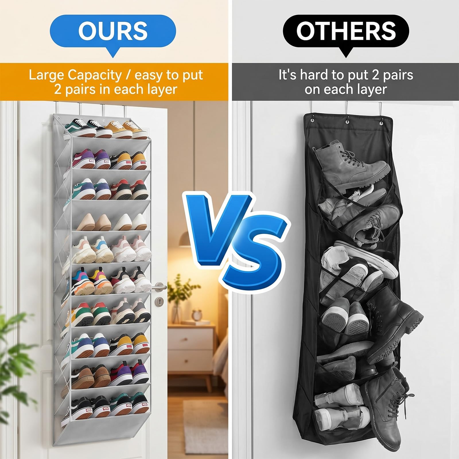 Porta Scarpe Salvaspazio Verticale con 10 Tasche Profonde & 4 Ganci, Grande Capacità Scarpiera da Appendere per Armadio, Lavanderia e Camera Letto