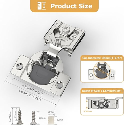 Miniatura 4 de FURNIWARE 20 Piezas Bisagras de Gabinete de Cierre Suave, Bisagras de Ferretería de Gabinete con Superposición de 12 Pulgada Niqueladas - 105 Grados