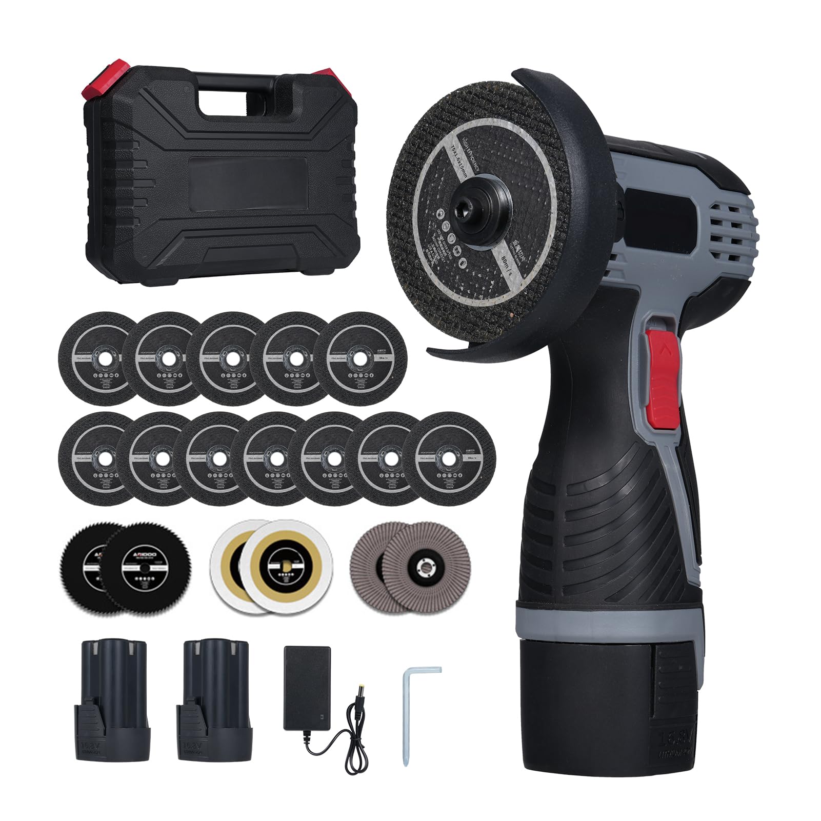 Smerigliatrice angolare senza spazzole VISLONE da 17 000 RPM, senza fili, mini smerigliatrice angolare elettrica con batteria da 16,8 V e 2 x 2000 mAh e lama per tagliare piastrelle lucidate, legno e