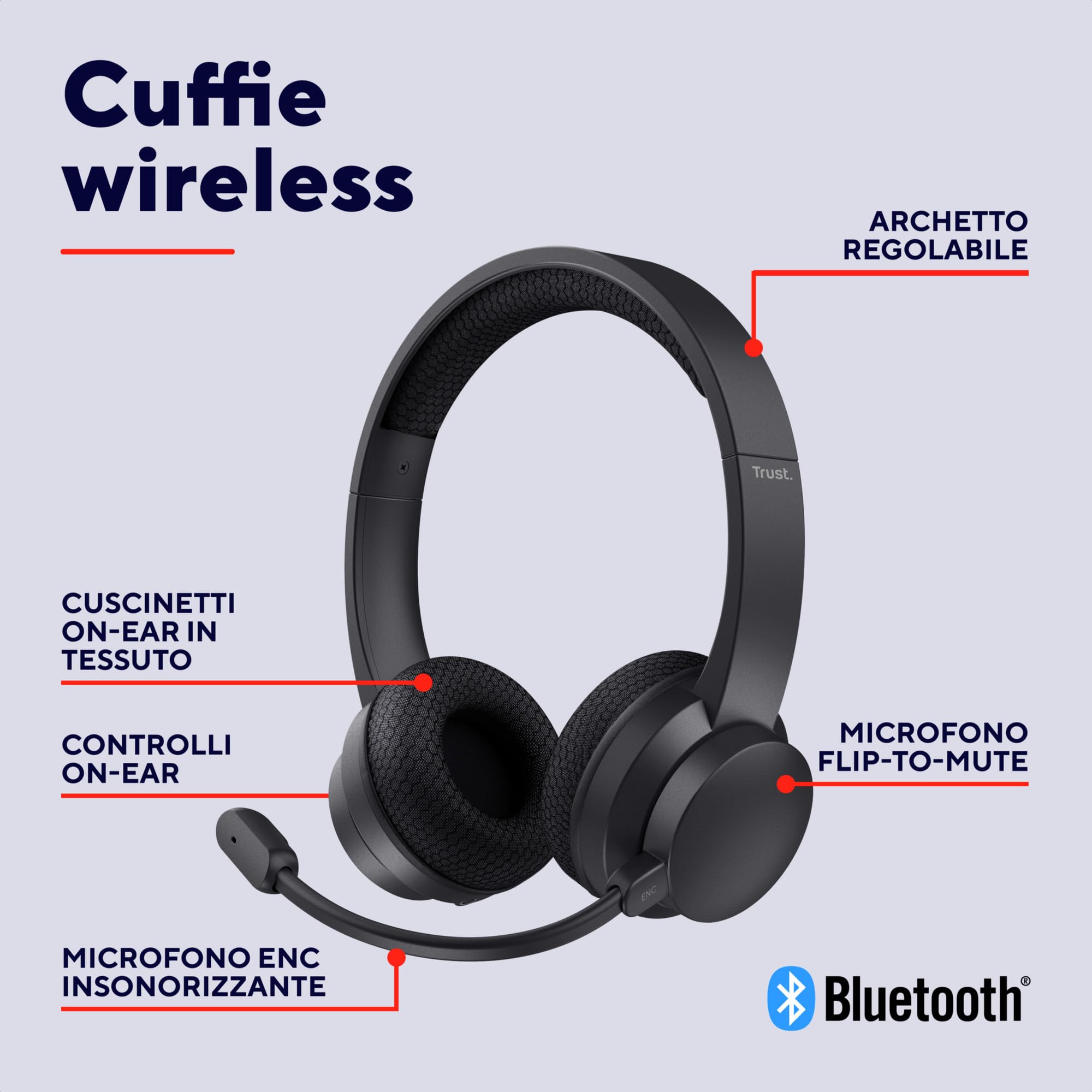 Trust Roha II Cuffie Wireless Bluetooth con Microfono ENC Antirumore, Nero | On Ear, 85% di Plastica Riciclata, Auricolari Ricaricabile per Lavoro Casa e Ufficio Teams Zoom