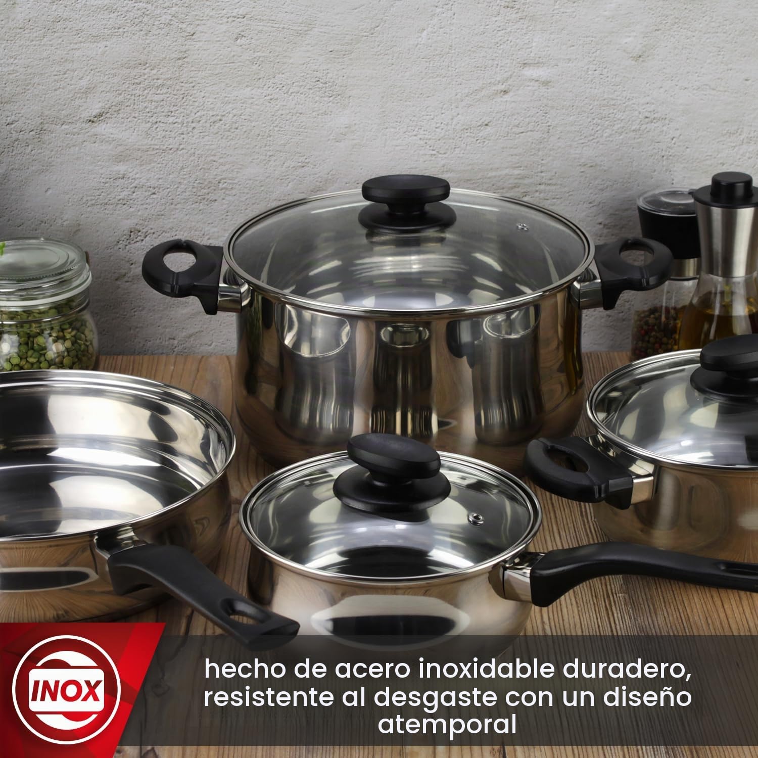 Magefesa Deliss - Batería de Cocina de 7 Piezas, Acero Inoxidable, Asas de Baquelita, Apta en todo Tipo de Cocinas, Inducción, Acabado Pulido Espejo