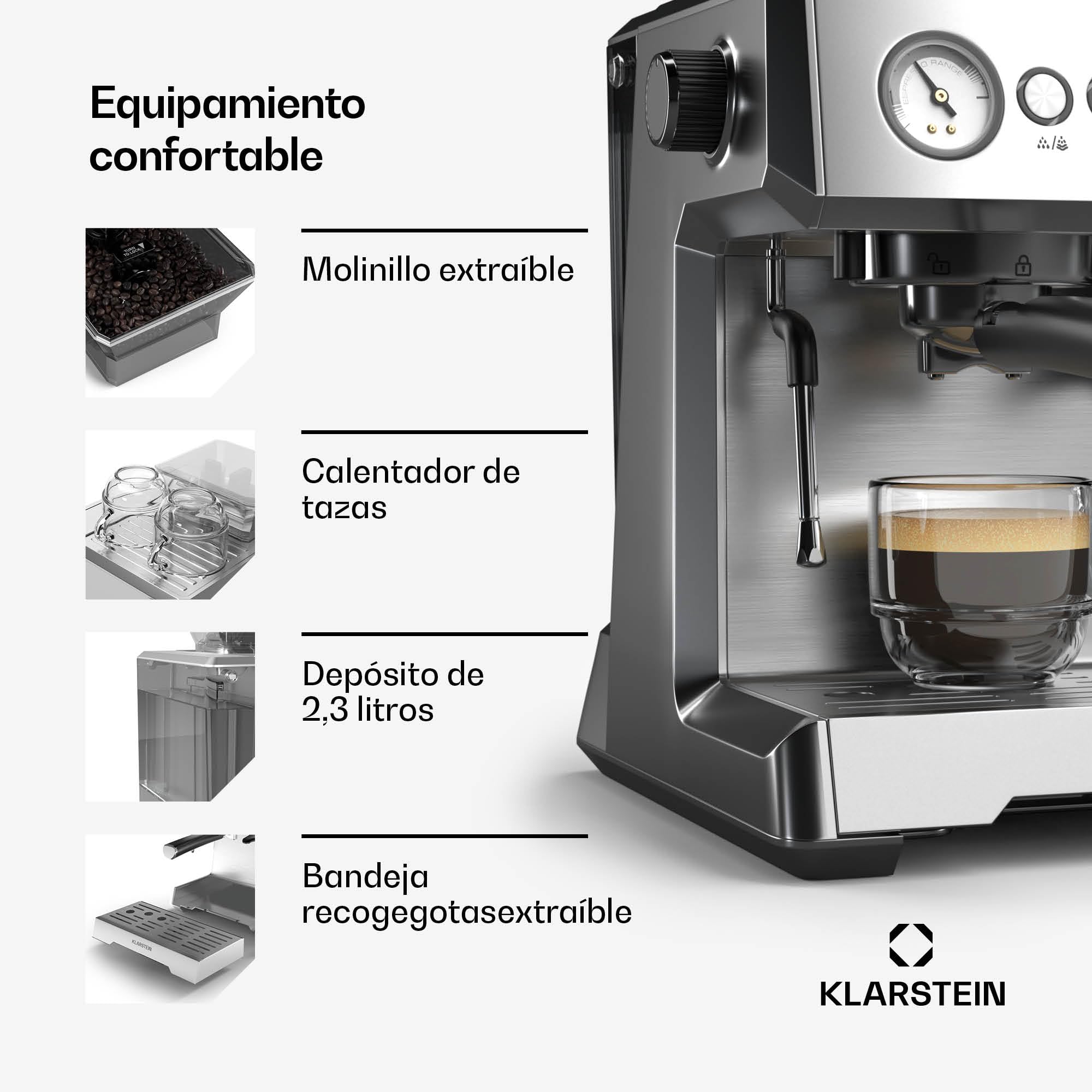 KLARSTEIN GrandPresso Cafetera Exprés 20 Bares - Molinillo Integrado, Boquilla de Vapor, 2,3L, Cafetera Barista, Espresso y Capuchino, Fácil de Usar y Limpiar
