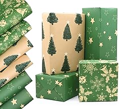 6pcs Green Christmas Wrapping Paper Sheets, QRTDXP 50 * 70cm Recyclable Kraft Gift Wrapping Paper with Various Design Perfect for Xmas Party Decoration