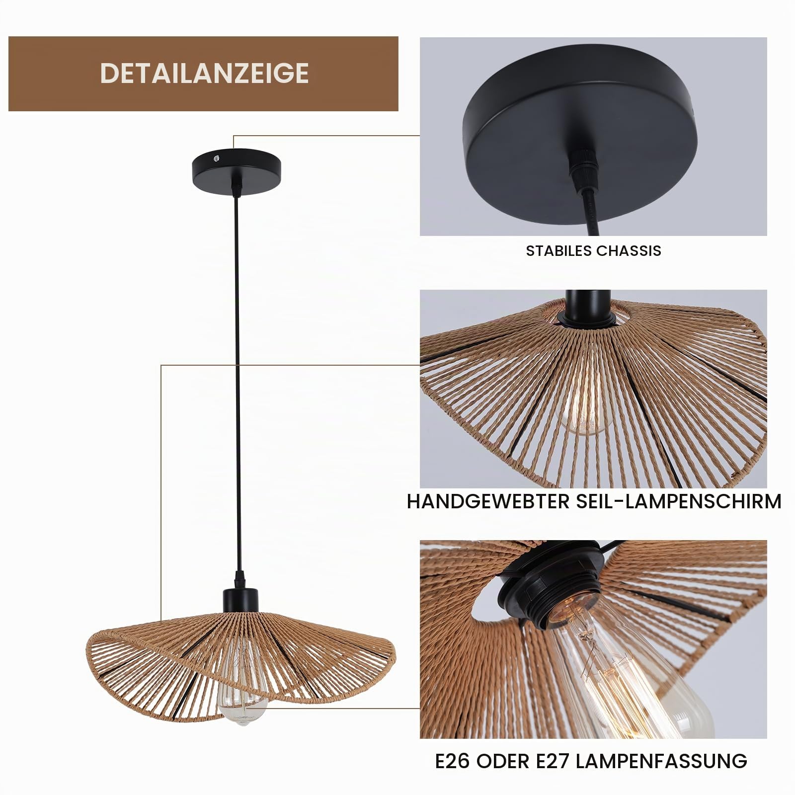 Rattan Pendelleuchte Boho Hängelampe Handgewebt Natur 41 cm | Boho Hängeleuchte aus Handgewebtem Natur-Rattan für Wohnzimmer, Esszimmer, Schlafzimmer, Küche, 41cm