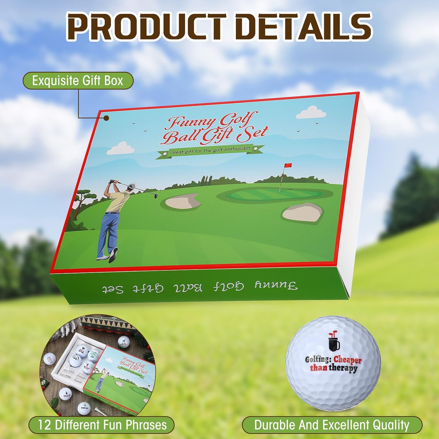Realspring 13 Pcs Funny Golf Ball Gift Set Humor Golf Set with Funny Sayings Includes 8 Balls, 4 Tees, 1 Gift Box, Golf Ball and Tee Accessories Novelty Gifts for Dad Husband Grandpa and Golf Lovers - Image 4
