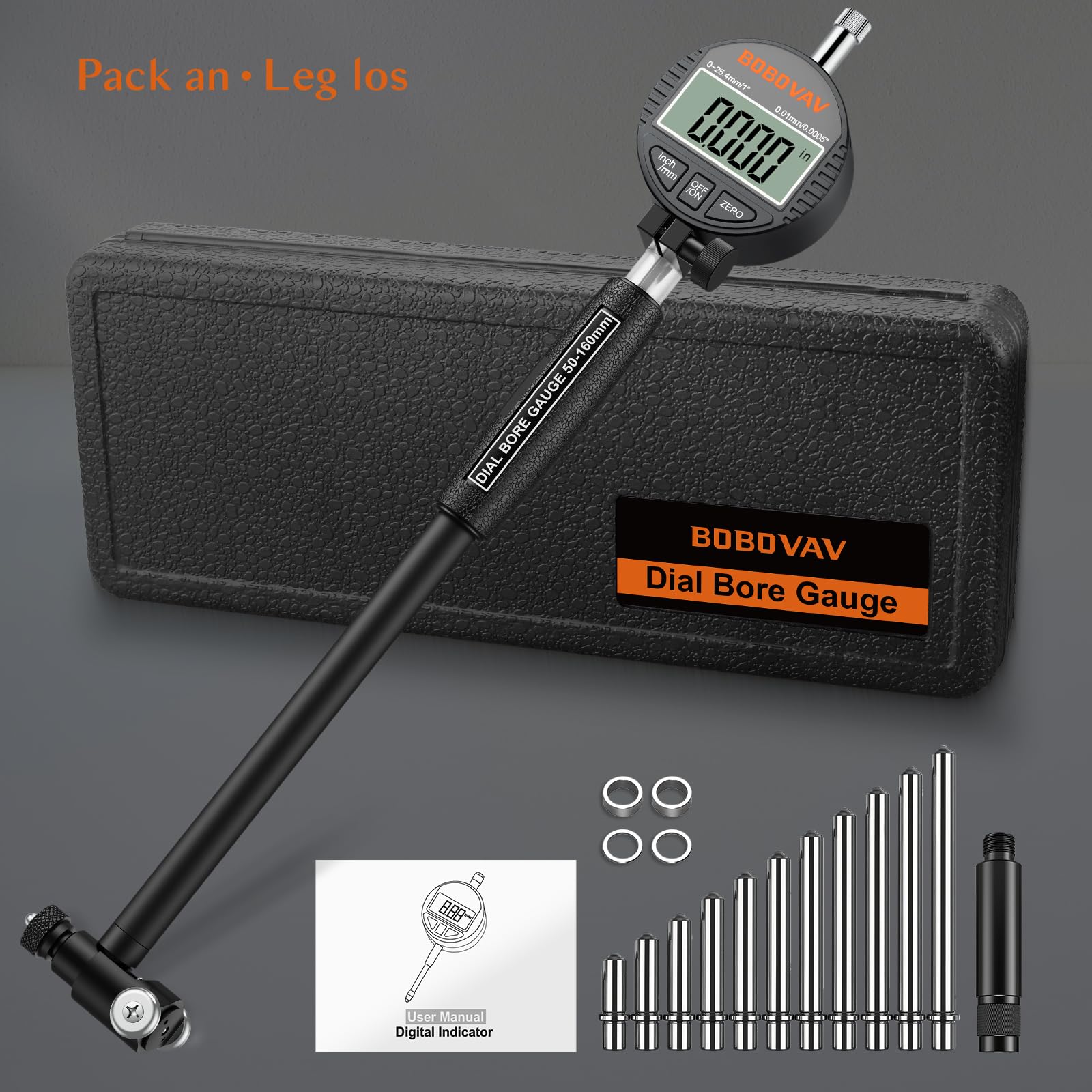 Digital Bohrungslehre Messuhr Set 50-160 mm, Innendurchmesser Messuhr Präzision 0,01 mm Zylinder Messuhr Metrisch/Zoll Anzeige mit 12 Messspitzen für Formabweichungen