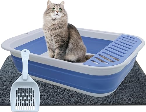 Caja de arena plegable para gatos pequeña, bandeja de arena para gatos con cuchara, plegable, poco profunda, inodoro, impermeable, para viajes,