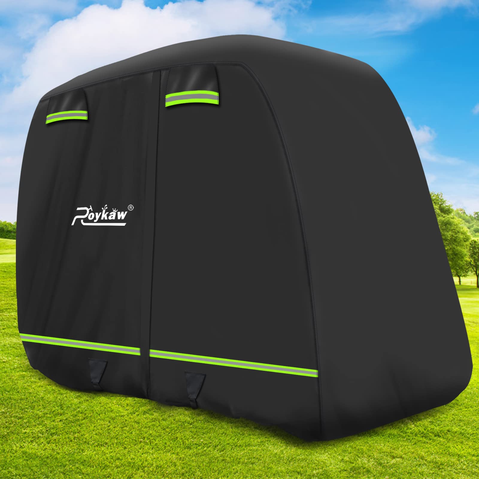 Roykaw Golf Cart Cover 600D Waterproof Universal Compatible with EZGO/Club Car/Yamaha Most Brand 4 Passenger/2 Passenger Golf Cart, Three Sides Zipper Opening/Two Windproof Straps/Reflective Strips