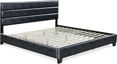 Miniatura 26 de ClickDecor Hudson - Cama de plataforma tapizada con cabecera recta copetuda, base de colchón, no necesita somier, soporte de listones de marco de