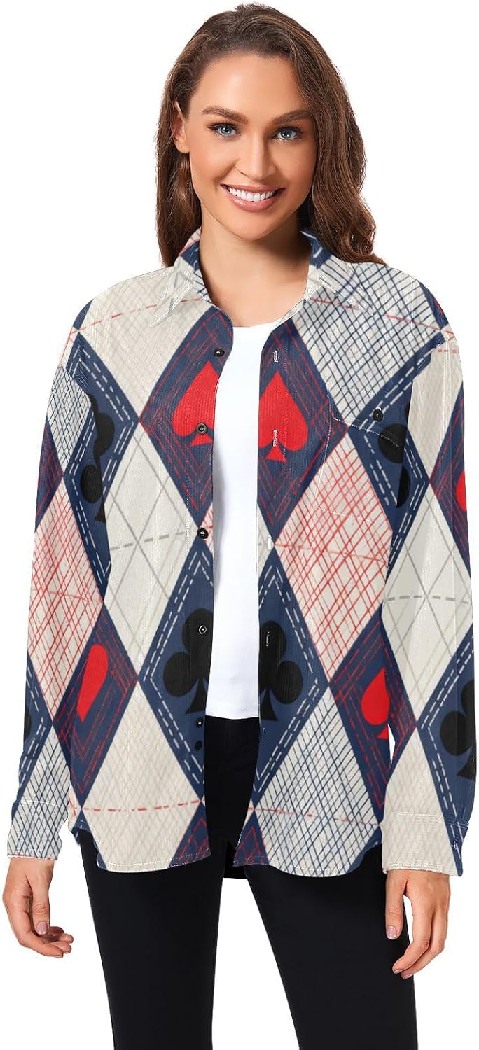 Poker Cowboy Plaid Woolen Cord Fabric Mens Rugby Shirts Long Sleeve for Women Summer with Pockets