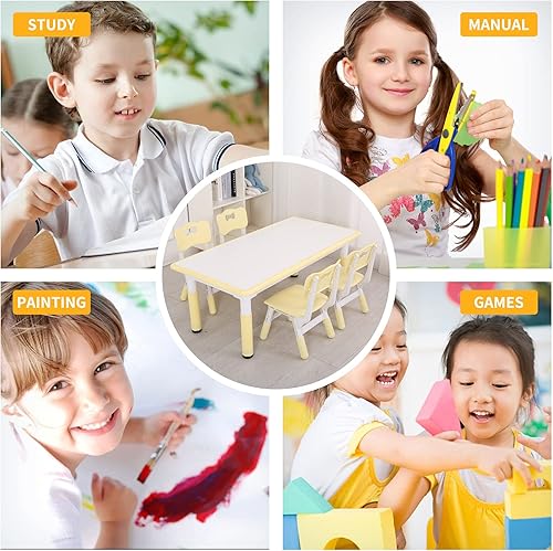 Miniatura 4 de UNICOO - Juego de mesa y sillas de estudio para niños, escritorio de arte infantil de plástico ajustable en altura con 4 asientos, juego de mesa de