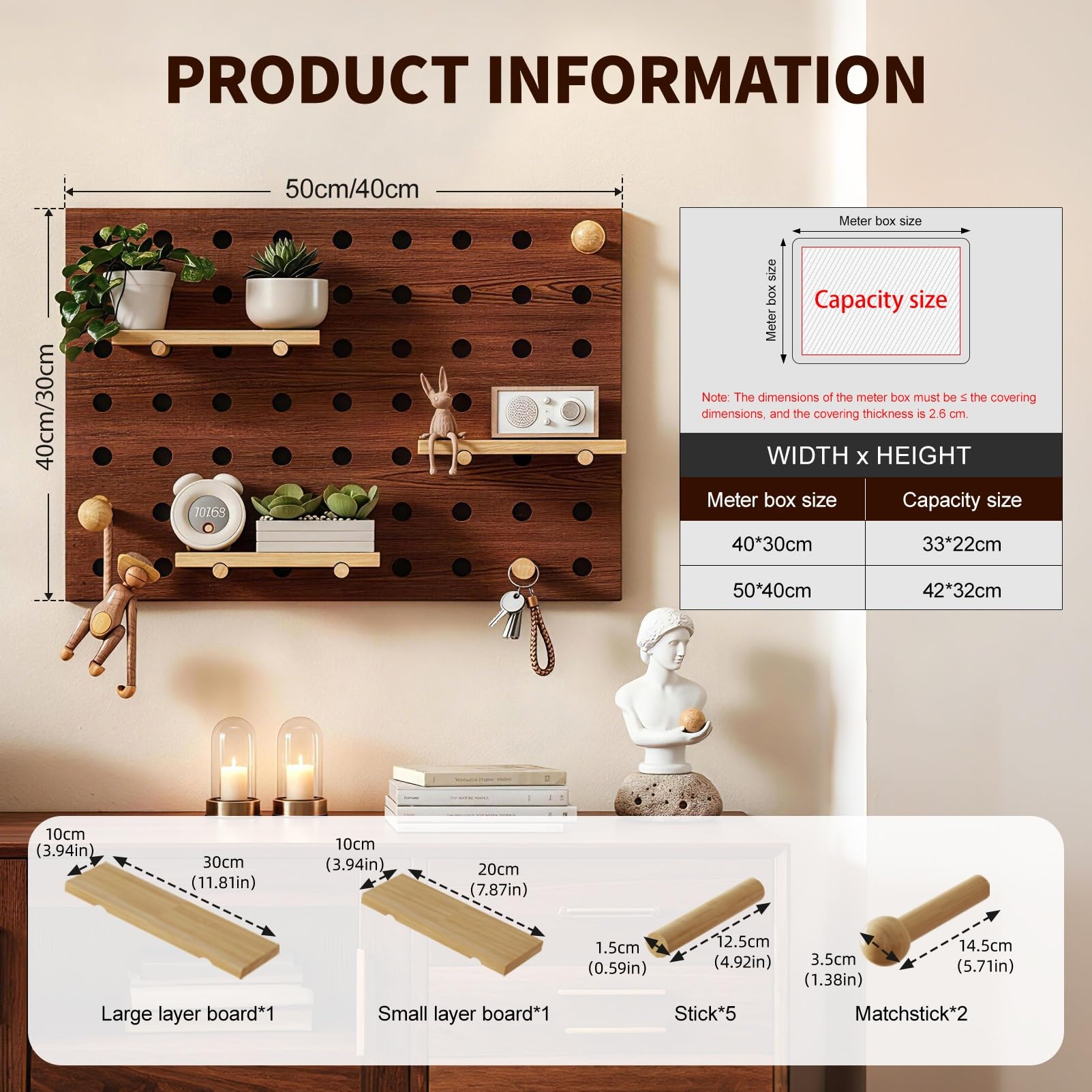 Cubierta de Panel Eléctrico Decorativa, Tapa para Contador de Luz, Estante de Madera Multifuncional, Caja Oculta para Cuadro Eléctrico, Ideal para Hogar y Oficina(Nogal,50x40cm)