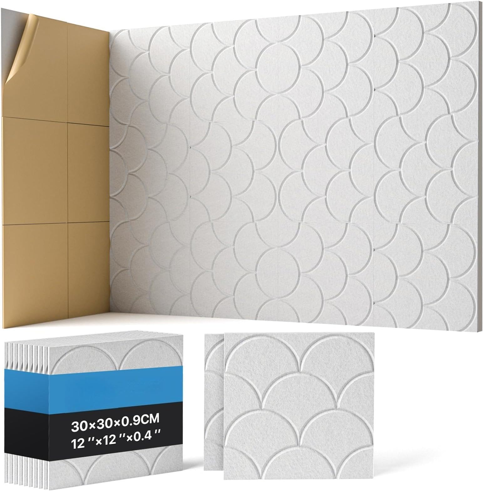 12-Pack Shell Acoustic Wall Panels Self-Adhesive, 10.6lb/ft³ High Density Sound Proof Foam Panels for Walls, 12" X 12" Soundproof Wall Panels for Door, Ceiling, Home Office, Grayish White