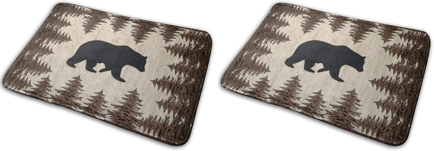 Bear and Pines Bath Mat, Bathroom Rugs Soft Bath Rugs Non Slip, Washable Cover Floor Rug Absorbent Carpets Floor Mat Home Decor for Kitchen Bedroom 16"x24" (Pack of 2)