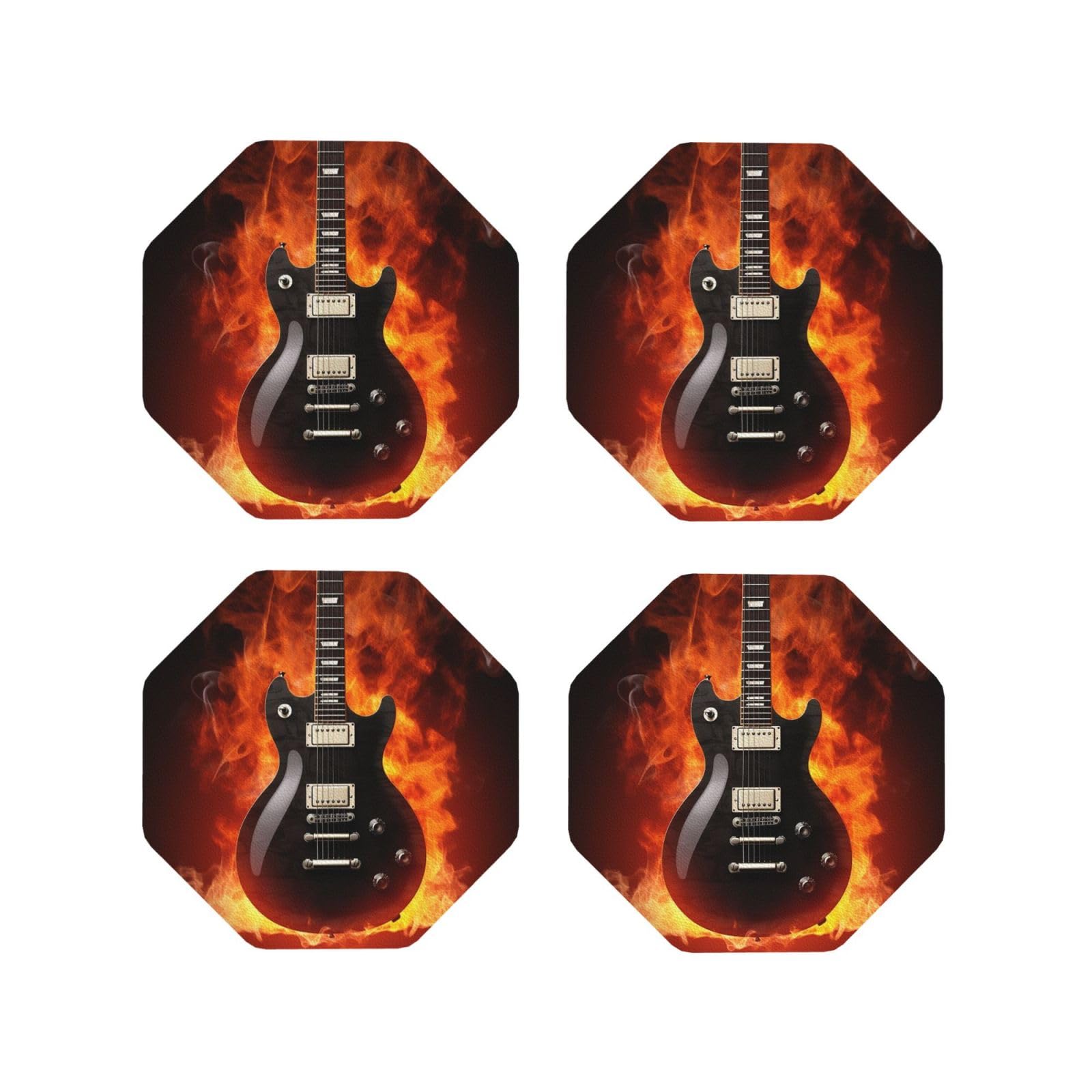 4Pcs PU Leather Coaster for Drinks, Rock Guitar Cup Coastersr 4" Cup Mat Pad, Aesthetic Drink Coasters for Coffee Table, Octagon Coaster for Tabletop Protection
