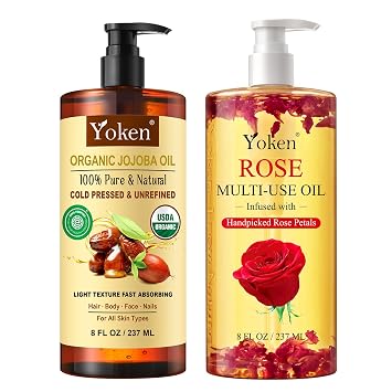 Yoken USDA Organic Jojoba Oil 8 fl Oz & Multi-Used Body Oil For Skin,Face,Hair and Nails