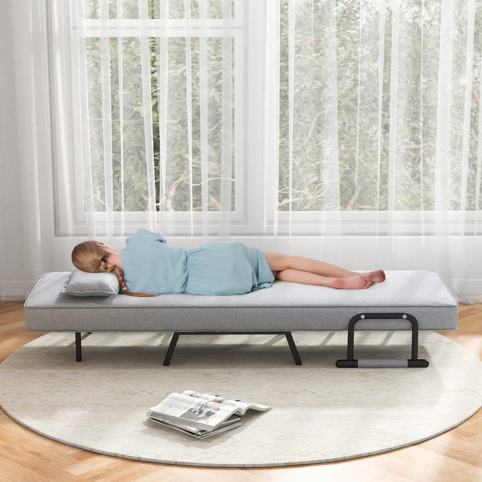 HOMASIS Sofá Cama 4 en 1 con función de Cama, sofá Cama Plegable con reposabrazos, sillón Plegable con Respaldo Ajustable y cojín extraíble, sillón Cama para casa, Oficina, hasta 150kg (Gris Claro)