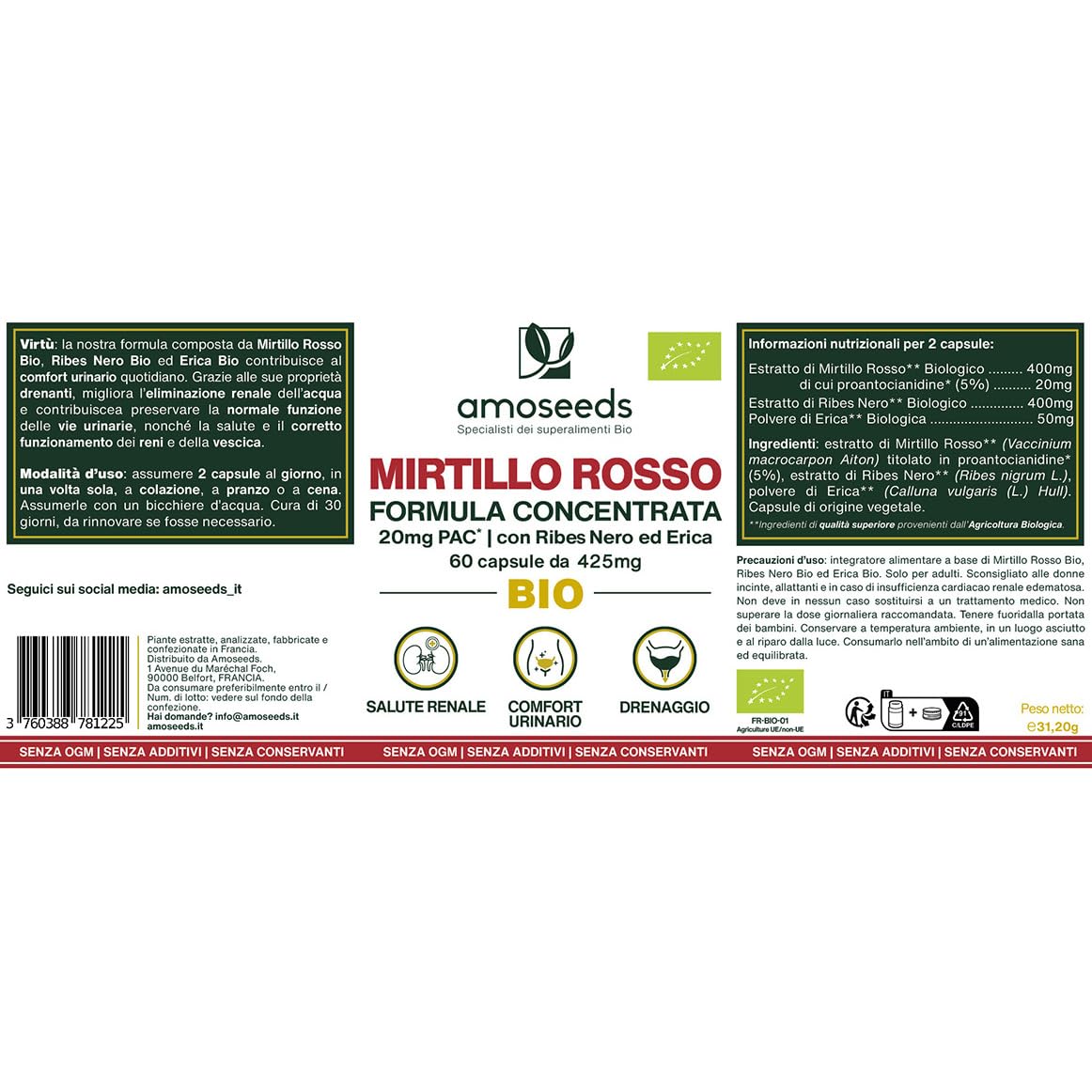 Mirtillo Rosso BIO | 5% PAC, Estratto ad Alta Concentrazione | Comfort Urinario, Reni, Vescica | Formula con Ribes Nero e Erica Bio | 60 capsule | Qualità Superiore