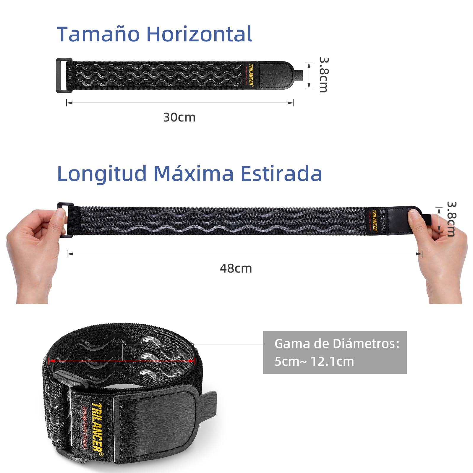 Trilancer Correas de Cincha Elástica con Tiras Antideslizantes,30 cm x 3.8cm (Pack de 8) Correas con Hebilla Multiusos con Lengüeta de Tirado Fácil para Cables,Cuerdas,Mangueras, Bicicletas,Pantalones