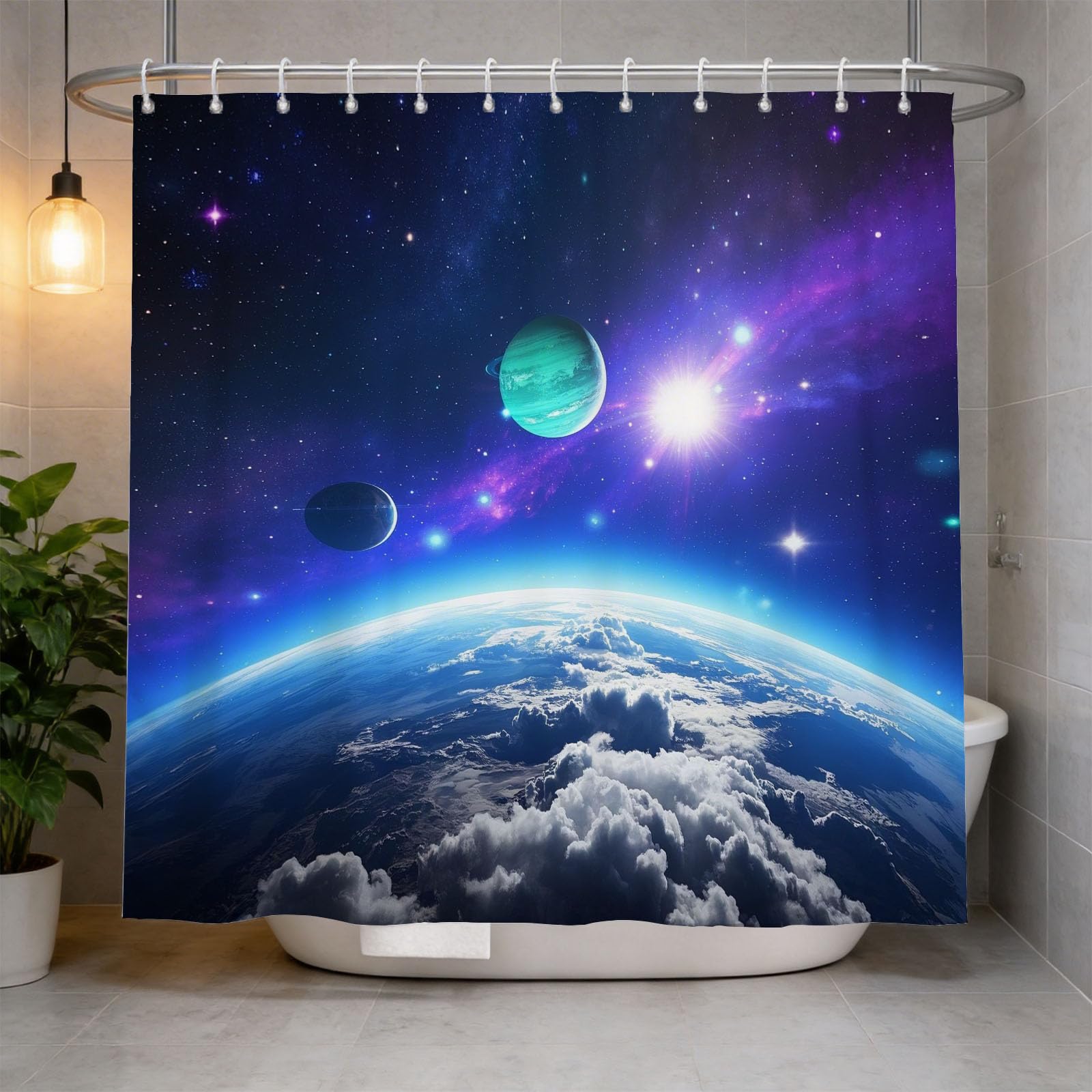Hongduo 3D Earth Space Shower Curtain for Stalls Bathtubs Sci-Fi Theme Bathroom Decor Shower Curtain Set Polyester Fabric Waterproof 180x180cm/71X71 Inch with Hooks