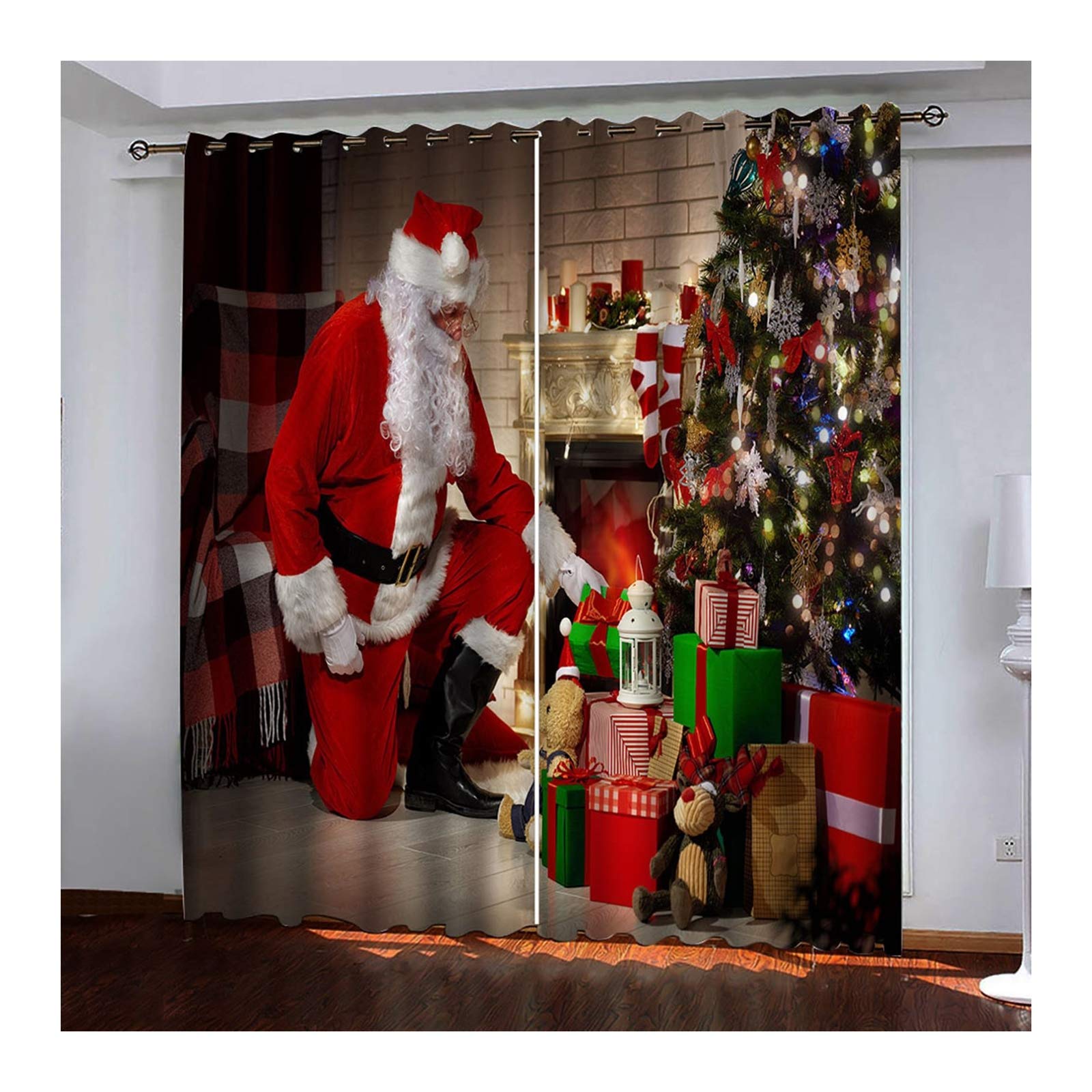 Daesar zestaw termicznych zasłon zaciemniających, dekoracyjnych choinek prezent Święty Mikołaj okno zasłony 214 x 244 cm, do salonu, czerwone, białe, zielone