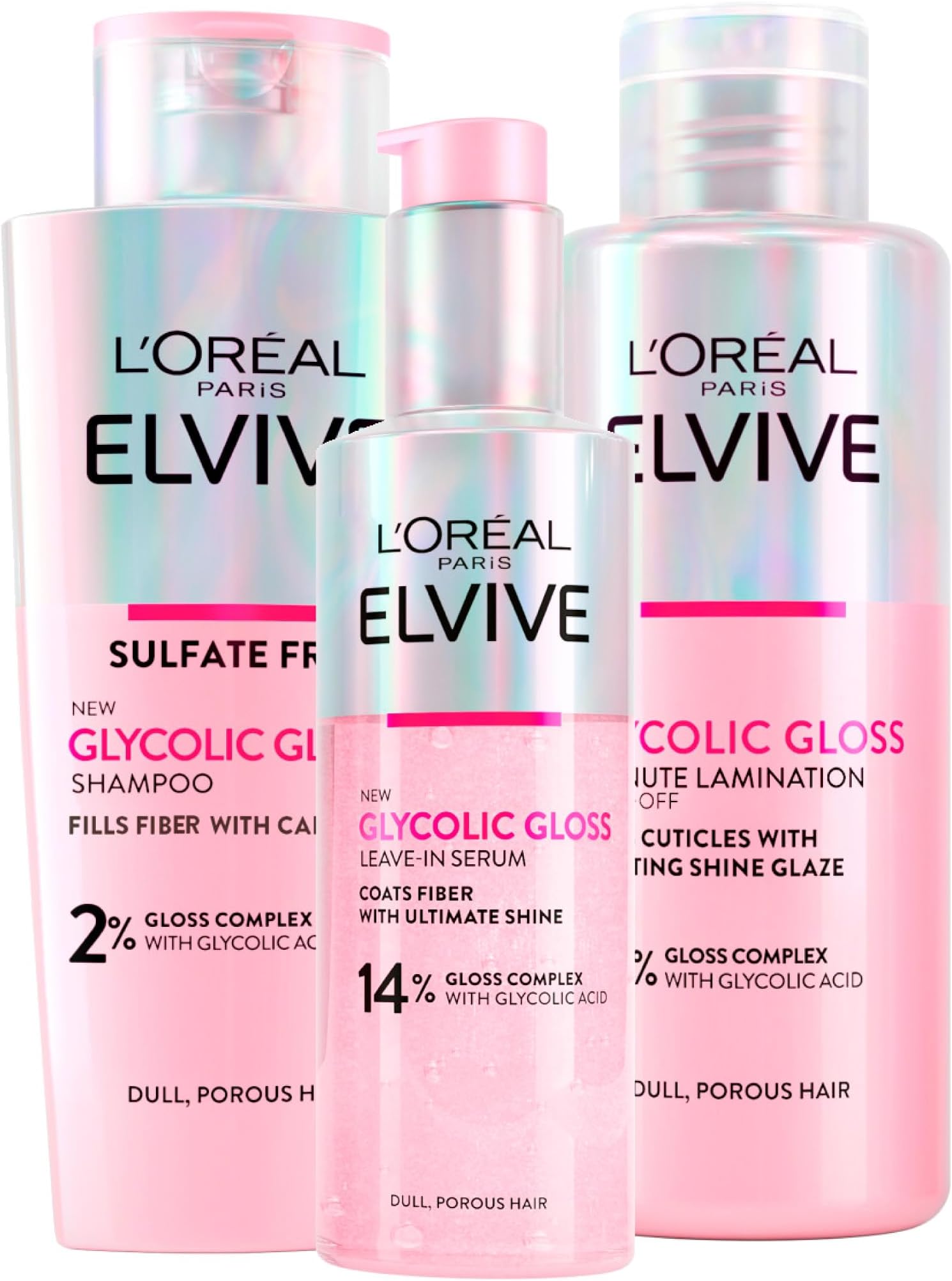 L'Oréal Paris Elvive Glycolic Gloss Glycolic Acid Shampoo 200ml + Hair Leave-In Serum 150ml + 5-Minute Lamination Treatment 200ml Set Dull Porous Hair Intense and Long-Lasting Shine - 3 Bottles