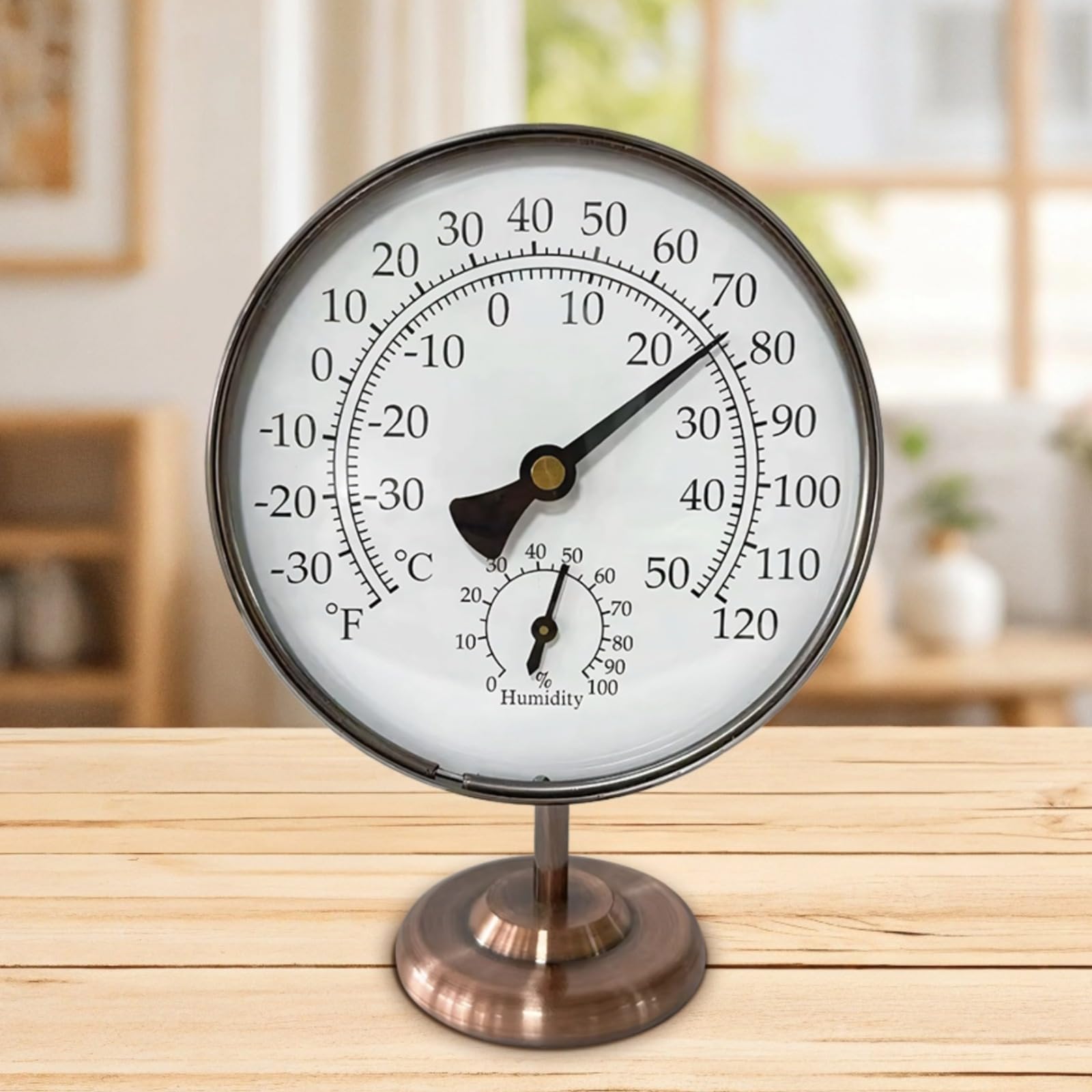 4 Zoll Vintage-Bronze Thermometer-Hygrometer, Tischgerät für Raumtemperatur und Luftfeuchtigkeit, für innen und außen, gut lesbares Zifferblatt mit Celsius und Fahrenheit, batterielos