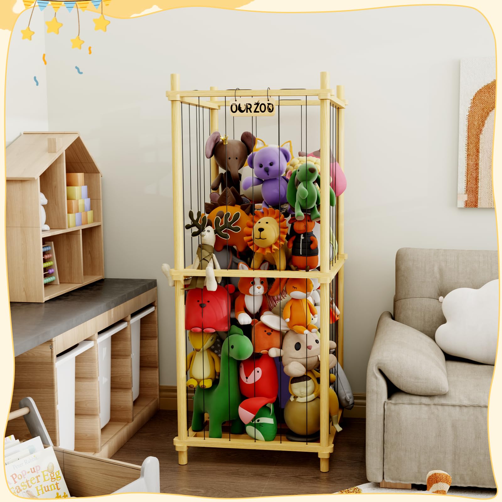 Organizador Peluches Madera, Almacenaje Guardar Juguetes Estanteria Infantil Montessori, Mueble Juguetes Organizador Peluche Animales para Sala de Juegos, Dormitorio, Habitación de Los Niños