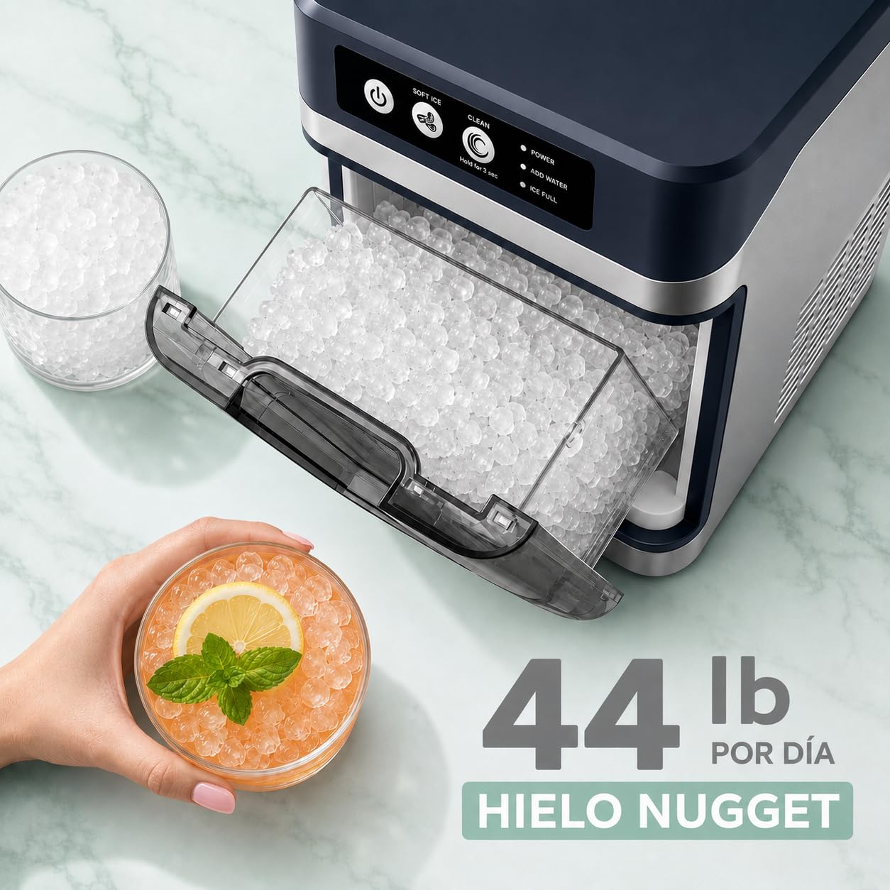 Máquina de Hielo Nugget Masticable, 20kg/24h, Hielo en 8-10 Min | Hielo suave ideal para bebidas, con depósito 1,3L, autolimpieza y diseño compacto para hogar, oficina y fiestas.