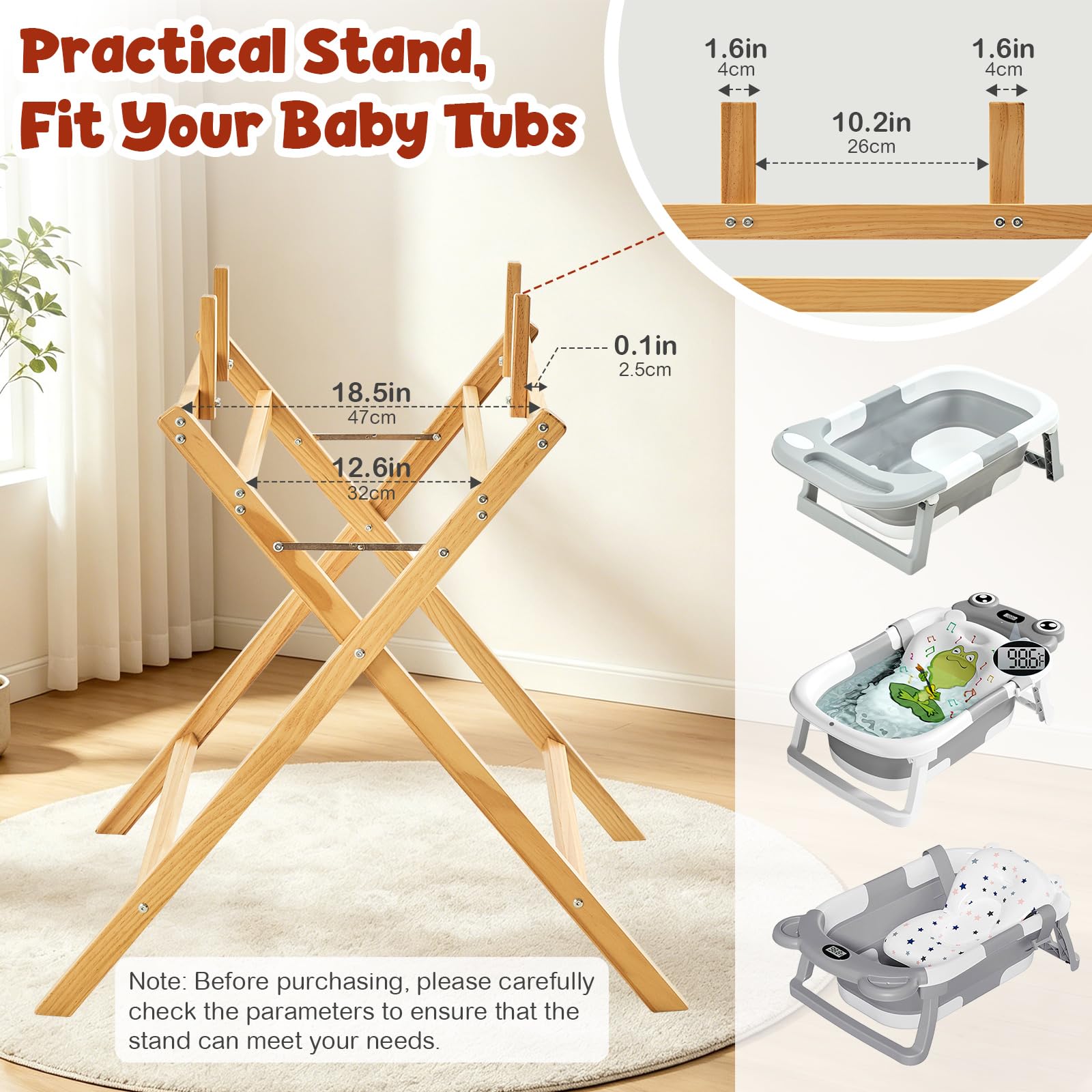 Bañera para bebés FUNLIO con soporte, bañera plegable y soporte de madera plegable para bebés de 0 a 24 meses, soporte seguro de 8 puntos, capacidad de 50 kg — Ergonómica y cómoda para la espalda