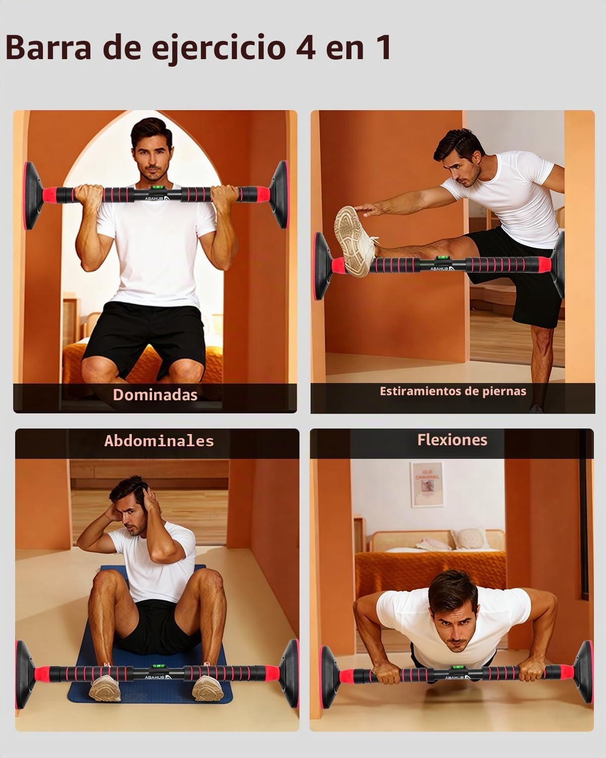 Abahub Barra para Tracciones de Puerta, Sin Tornillos, 120kg de Carga - Para Entrenamiento Intenso de Espalda y Hombros – Negro/Rojo